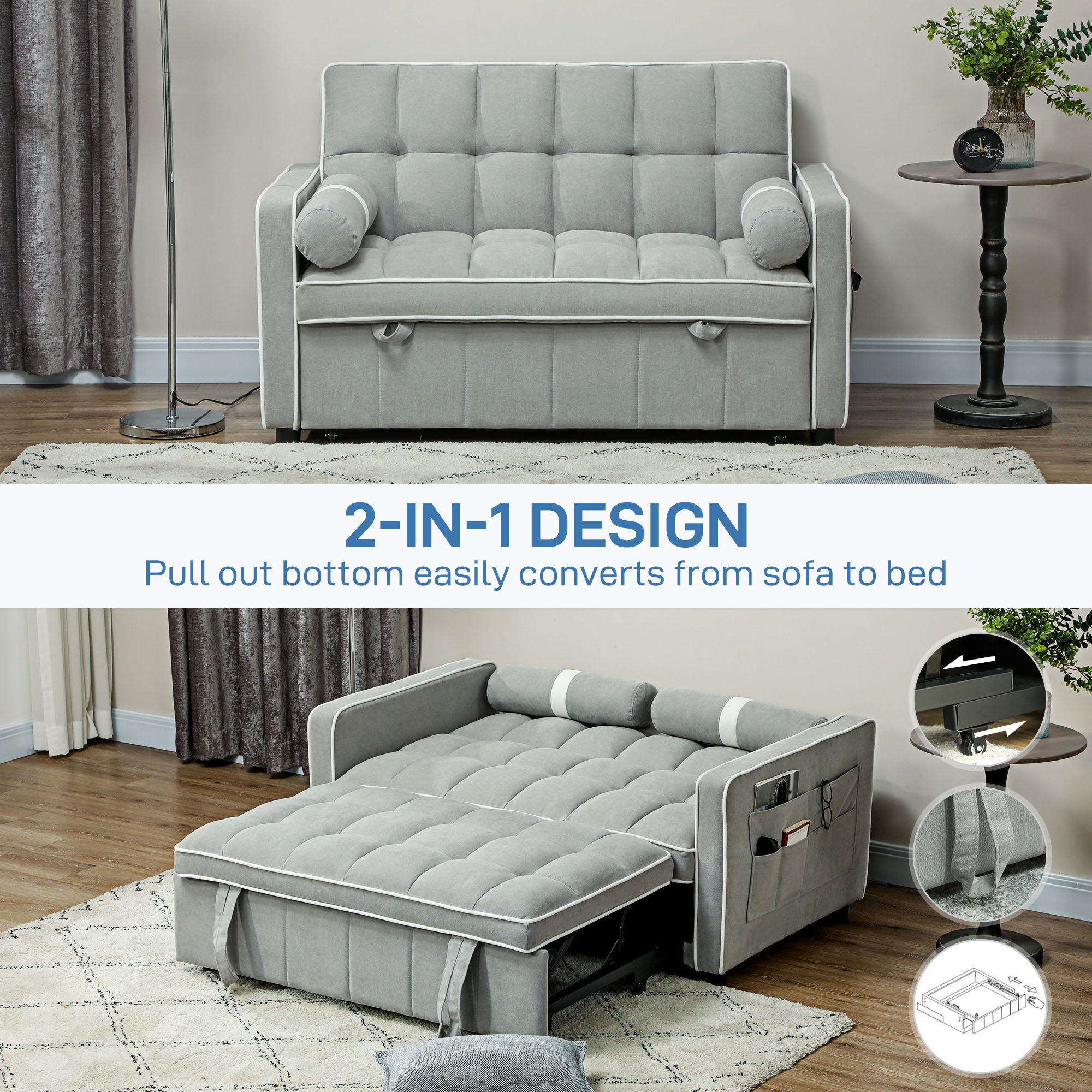 HOMCOM Two-Seater Linen-Look Sofa Bed - Light Grey