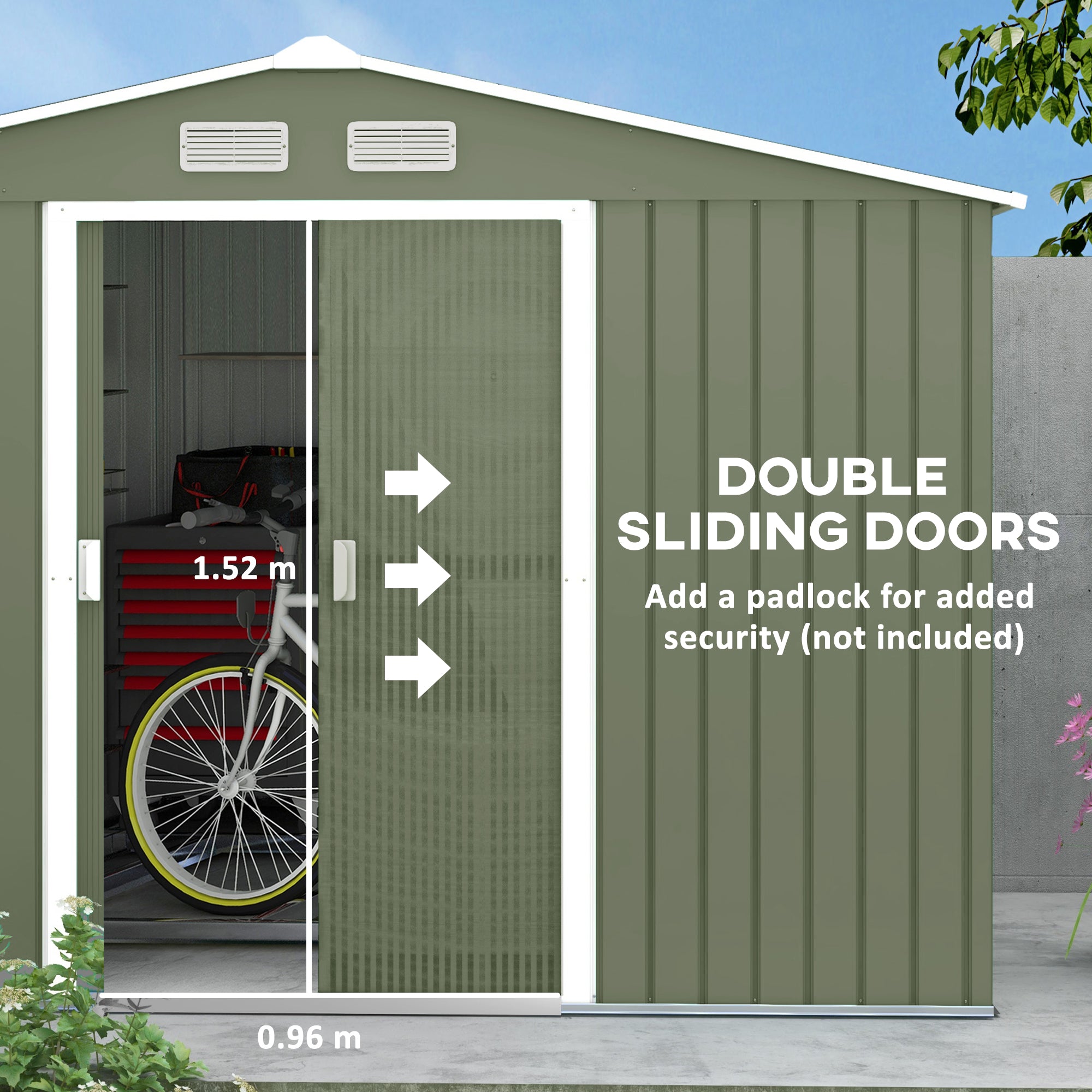 Outsunny 9 x 6ft Metal Garden Shed, Outdoor Storage Tool House with Ventilation Slots, Foundation Kit and Lockable Double Doors, Light Green - North Peak Garden Furniture