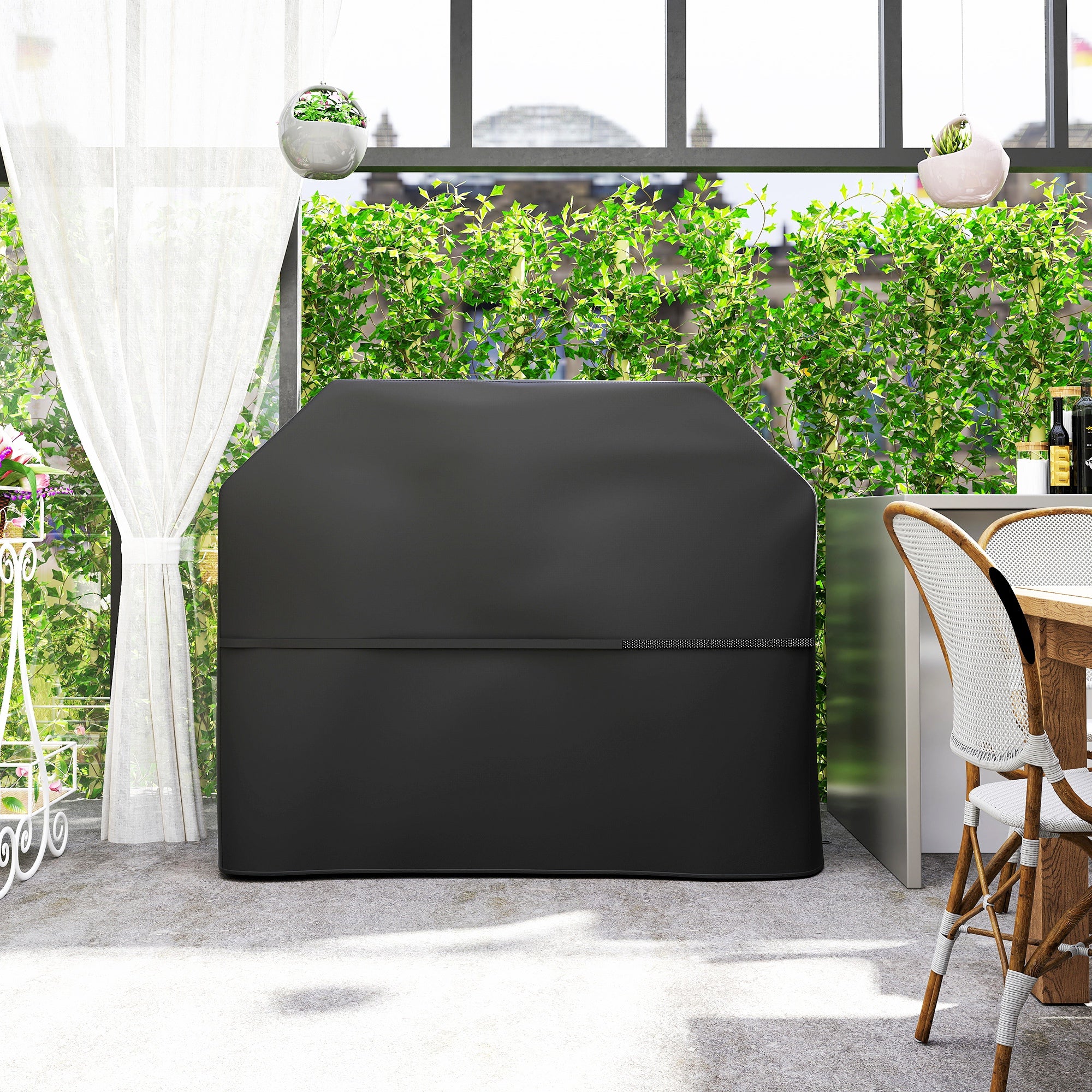 Outsunny BBQ Cover for Rectangular Gas Grill, 600D UPF30+ Oxford Fabric Barbecue Cover for Waterproof Protection Rip-Proof, with Windproof Hook and Loop Fasteners, Vents, 147 x 61 x 122 cm, Black - North Peak Garden Furniture