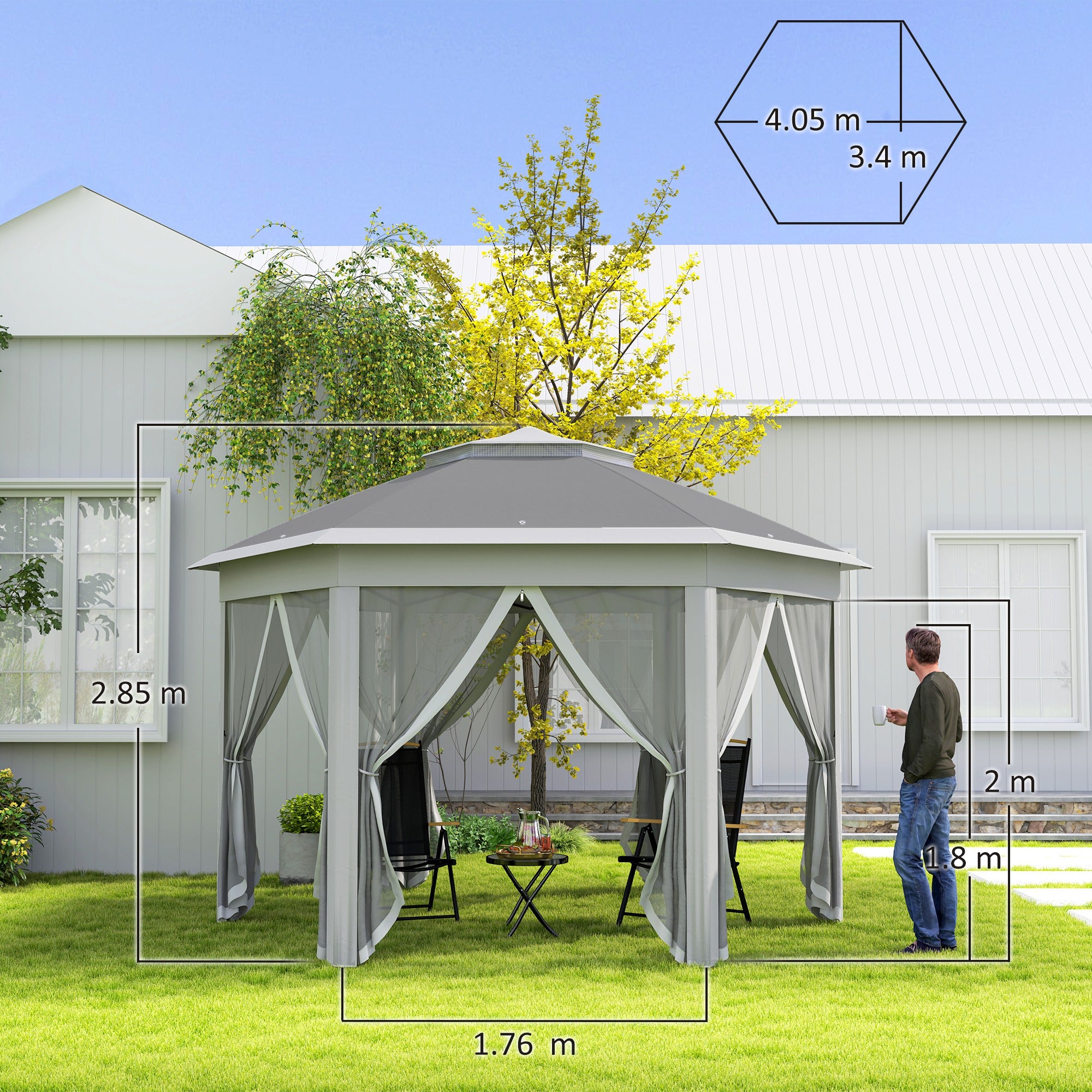 Outsunny 3 x 4m Garden Gazebo Hexagon Pop Up Party Tent Canopy Double Roof Instant Shelter with Netting and Carry Bag for Outdoor Patio, Dark Grey - North Peak Garden Furniture