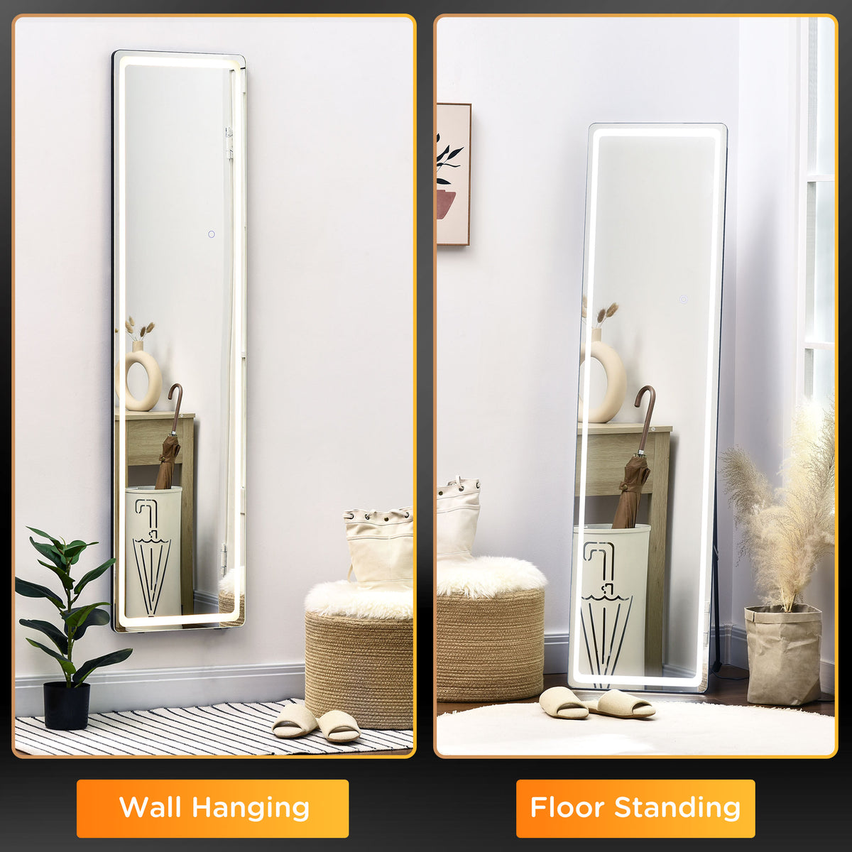 HOMCOM Full-Length Mirror, 160 x 40 cm, Wall Mounted, Freestanding Floor Mirror with LED Lights and Remote Control, Dimming & 3 Colour Modes, for Bedroom, Black