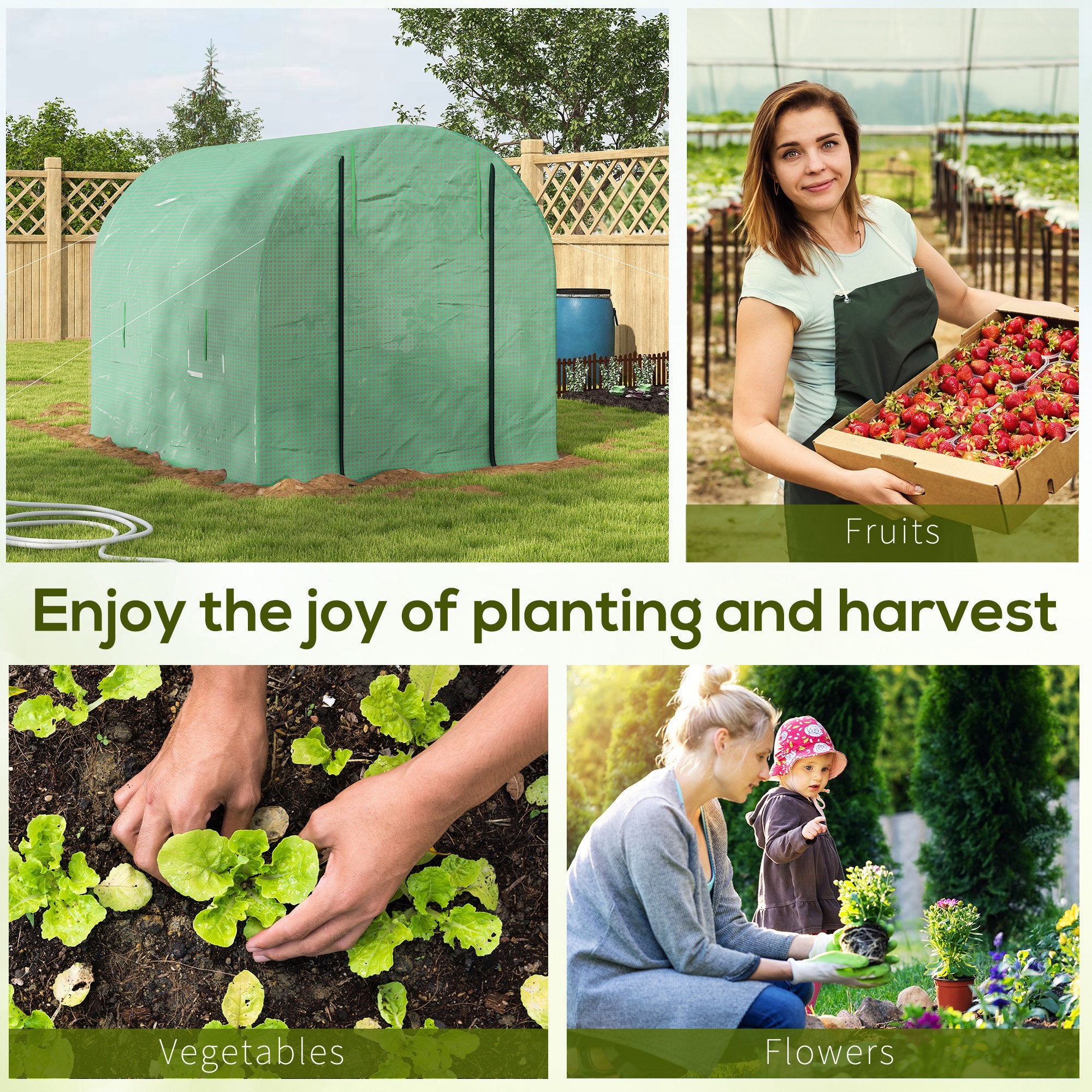 Outsunny Walk-In Garden Polytunnel Greenhouse with Steel Frame, PE Cover, Roll-Up Door and 4 Windows, 2.5 x 2m, Green - North Peak Garden Furniture