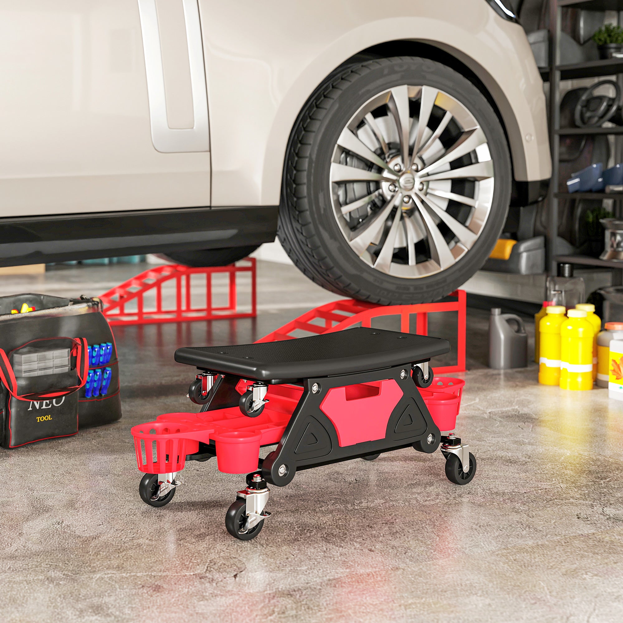 HOMCOM Rolling Mechanic Stool, 135kg Capacity Workshop Stool with 360° Swivel Wheels, Roller Creeper Seat with Slide Out Tool Trays, Drawer, Bottle Holders for Garage, Shop, Auto Repair, Red