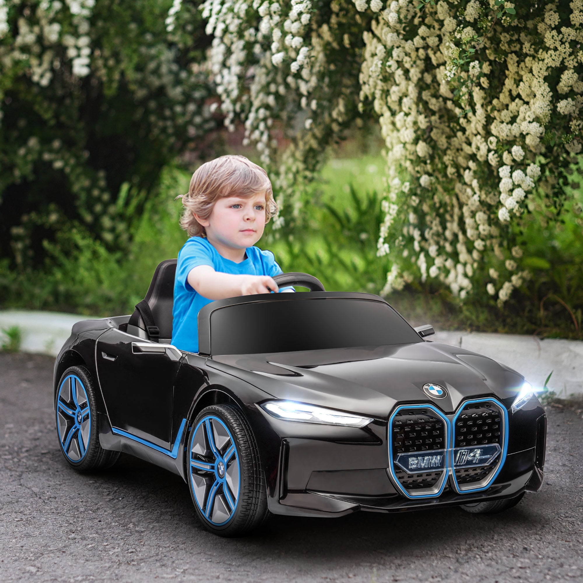 HOMCOM BMW i4 Licensed 12V Kids Electric Ride-On Car, with Remote Control, Portable Battery, Music, Horn, Headlights - Black - North Peak Garden Furniture