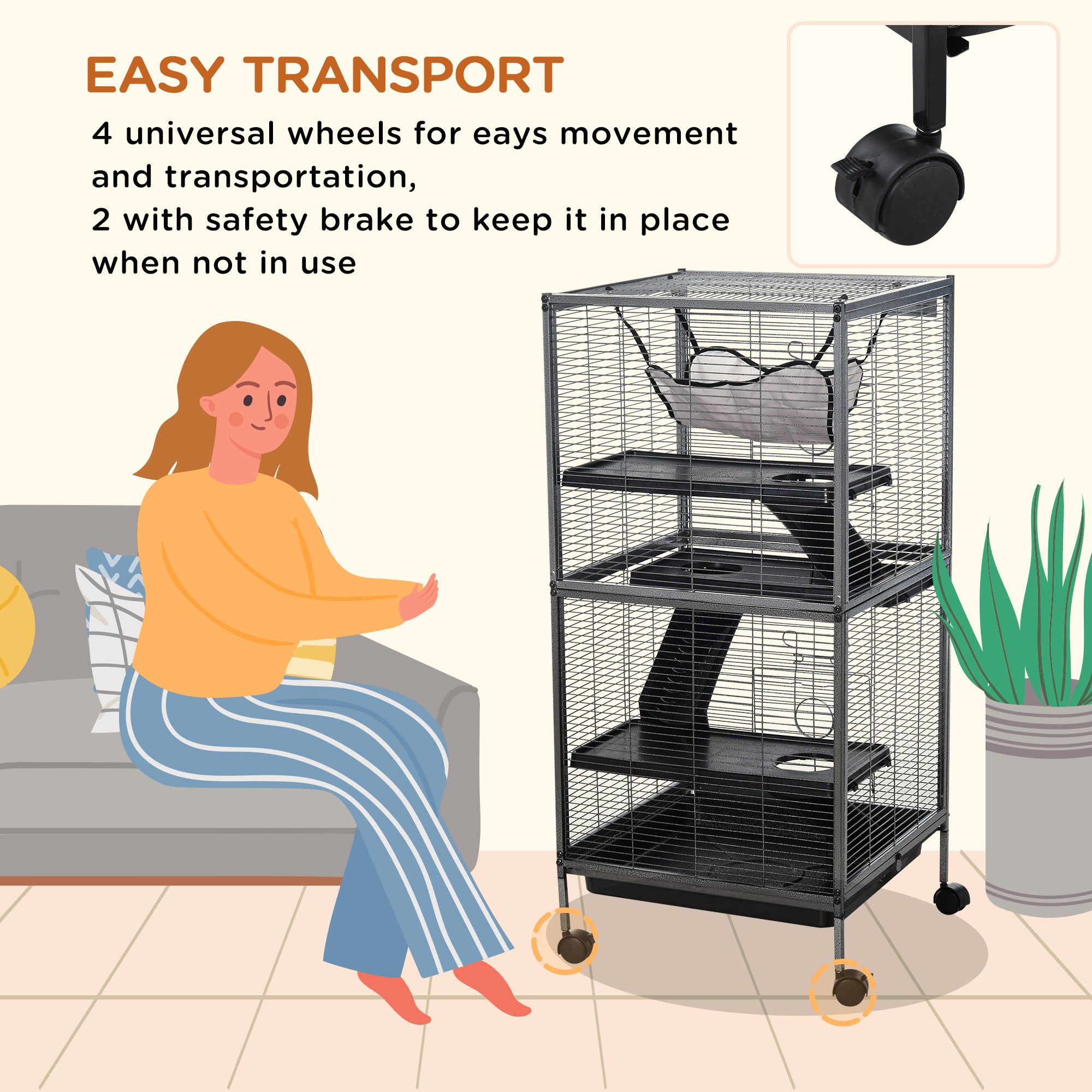 PawHut Small Animal Cage with Wheels Pet Home for Chinchillas Ferrets Kittens, with Hammock, 4 Platforms, Removable Tray, Silver - North Peak Garden Furniture