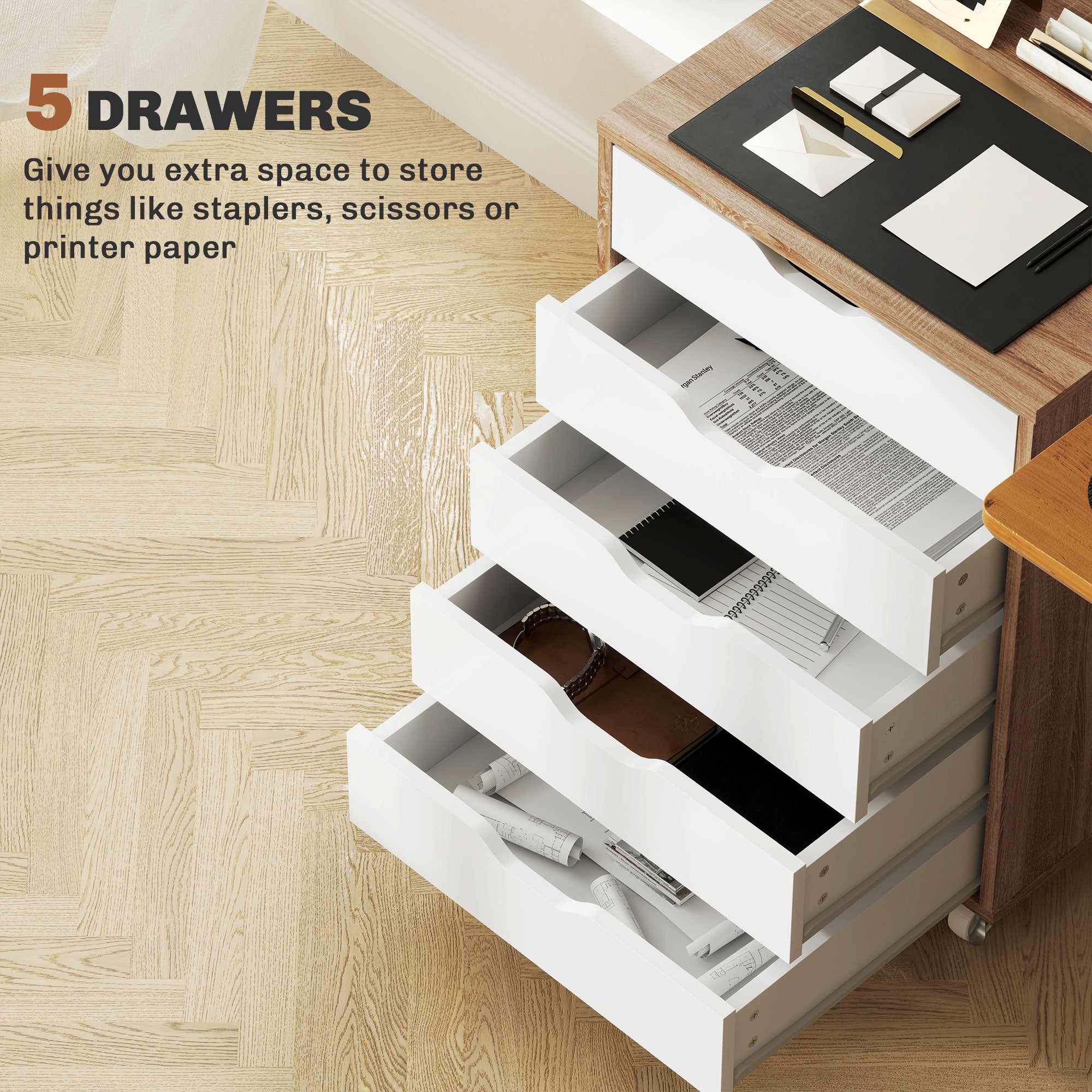 Vinsetto Five-Drawer Filing Cabinet, with Wheels - Oak Brown - North Peak Garden Furniture