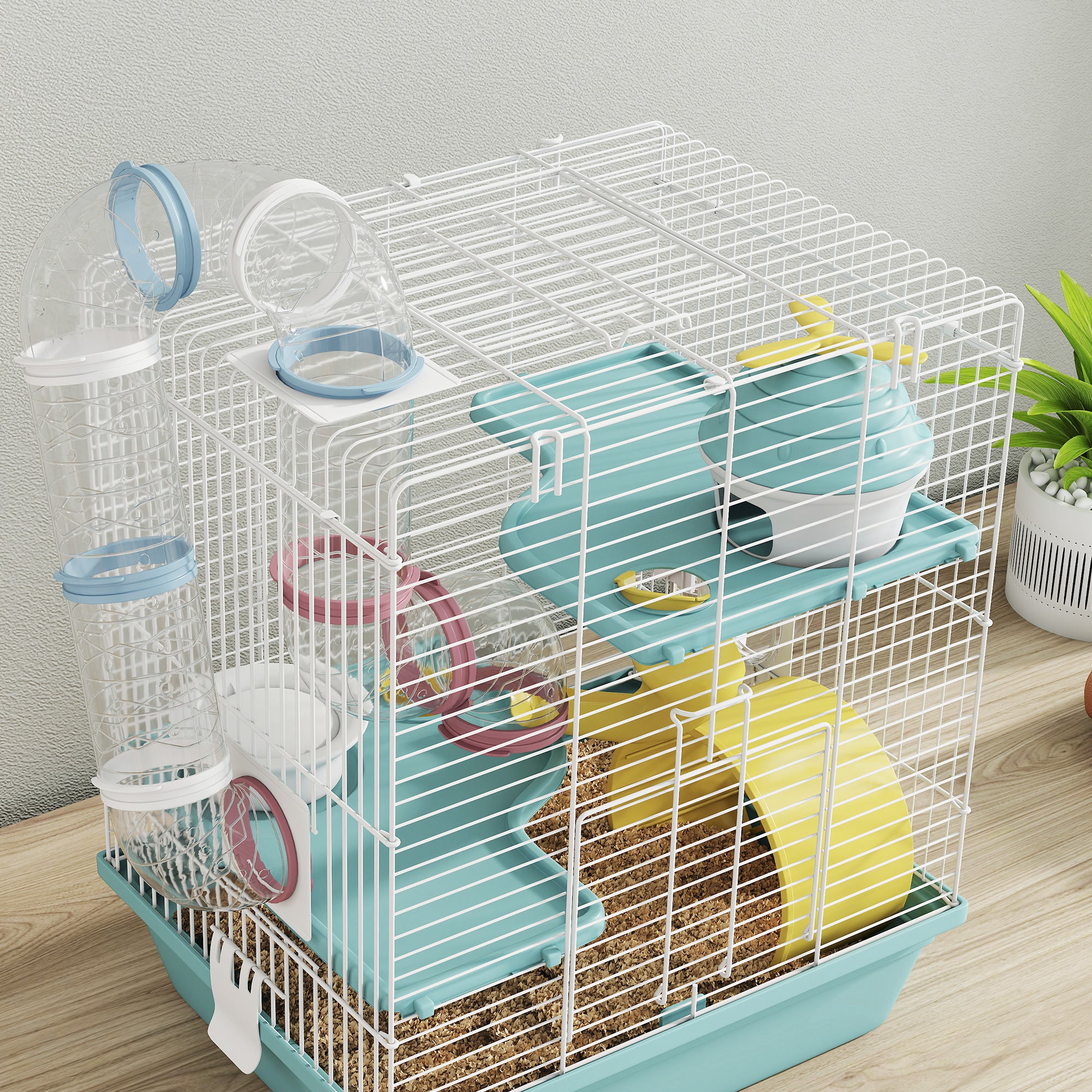 PawHut 3-Level Hamster Cage with Exercise Wheel, Water Bottle, Food Bowl, for Dwarf Hamsters, 34.5 x 27.5 x 41 cm, Blue