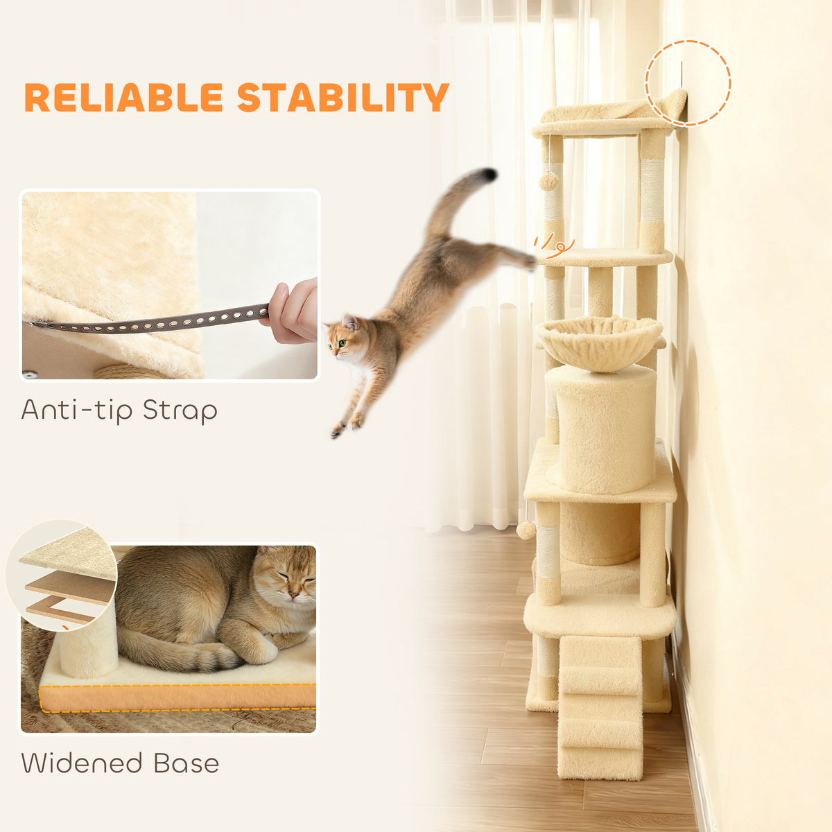 PawHut 170 cm Large Cat Tree, Cat Tower with 7 Scratching Posts, Tunnel, 2 Condos, Hammock, Perch, Ramp, Pompoms, Beige