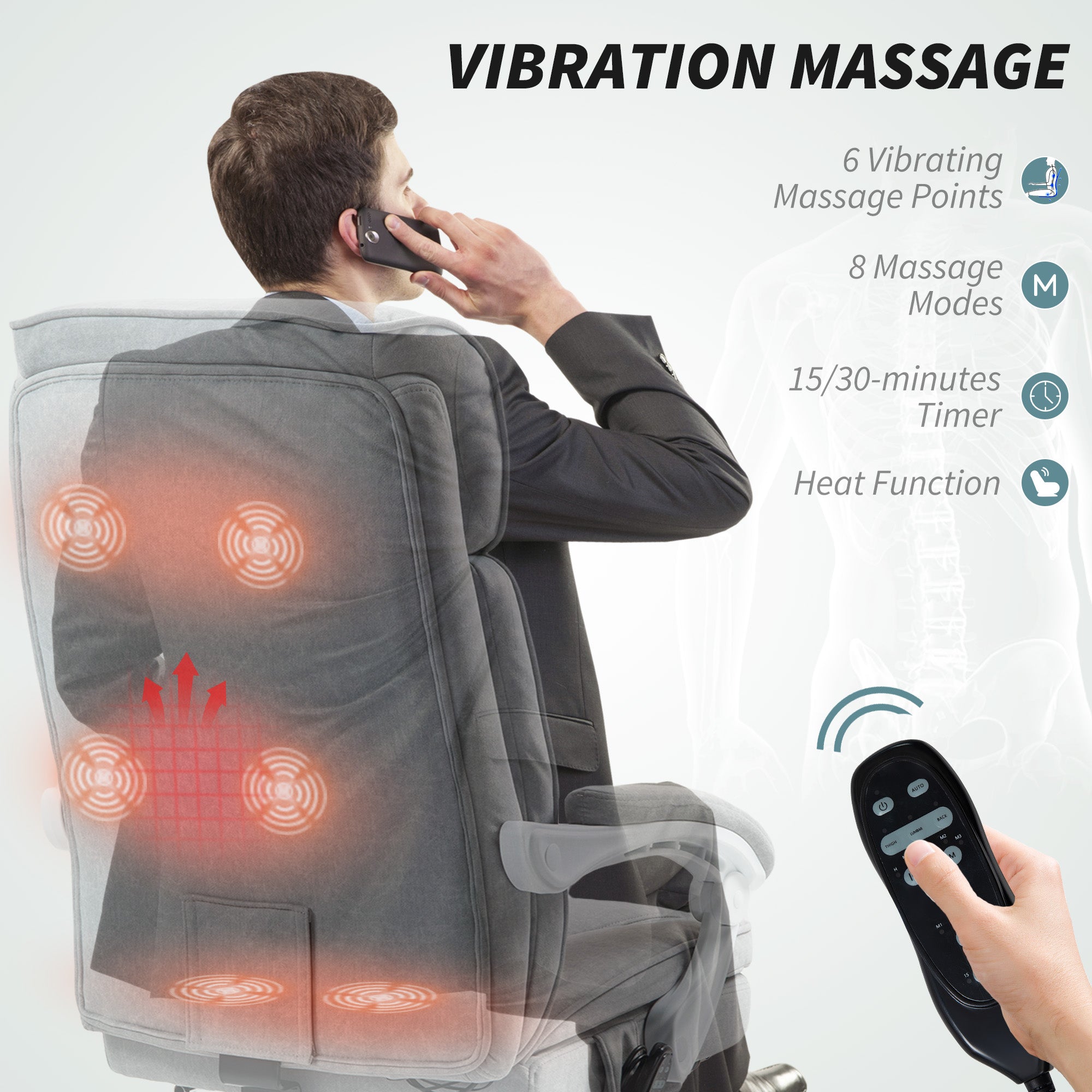 HOMCOM Executive Office Chair with 8-point Massage and Heat, Fabric Computer Desk Chair with Reclining Backrest, High Back, Height Adjustable, Swivel Wheels, Footrest, Remote, for Home, Grey - North Peak Garden Furniture