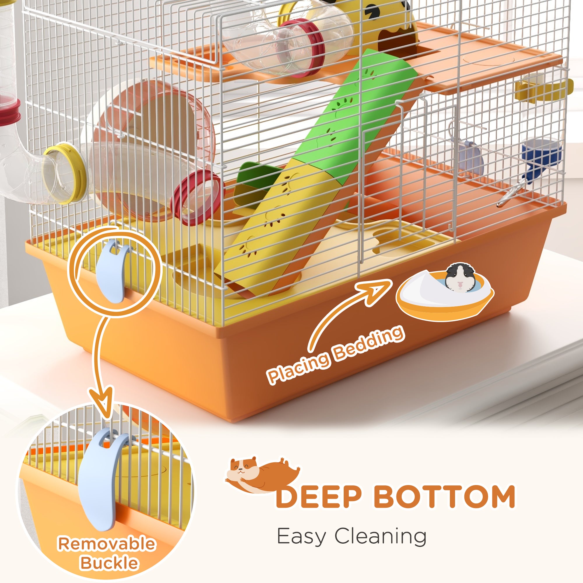 PawHut 3 Tiers Gerbil Cage, Hamster Cage with Tubes, Exercise Wheel, Ladder, Top Handle, 45 x 28 x 37cm - Orange - North Peak Garden Furniture