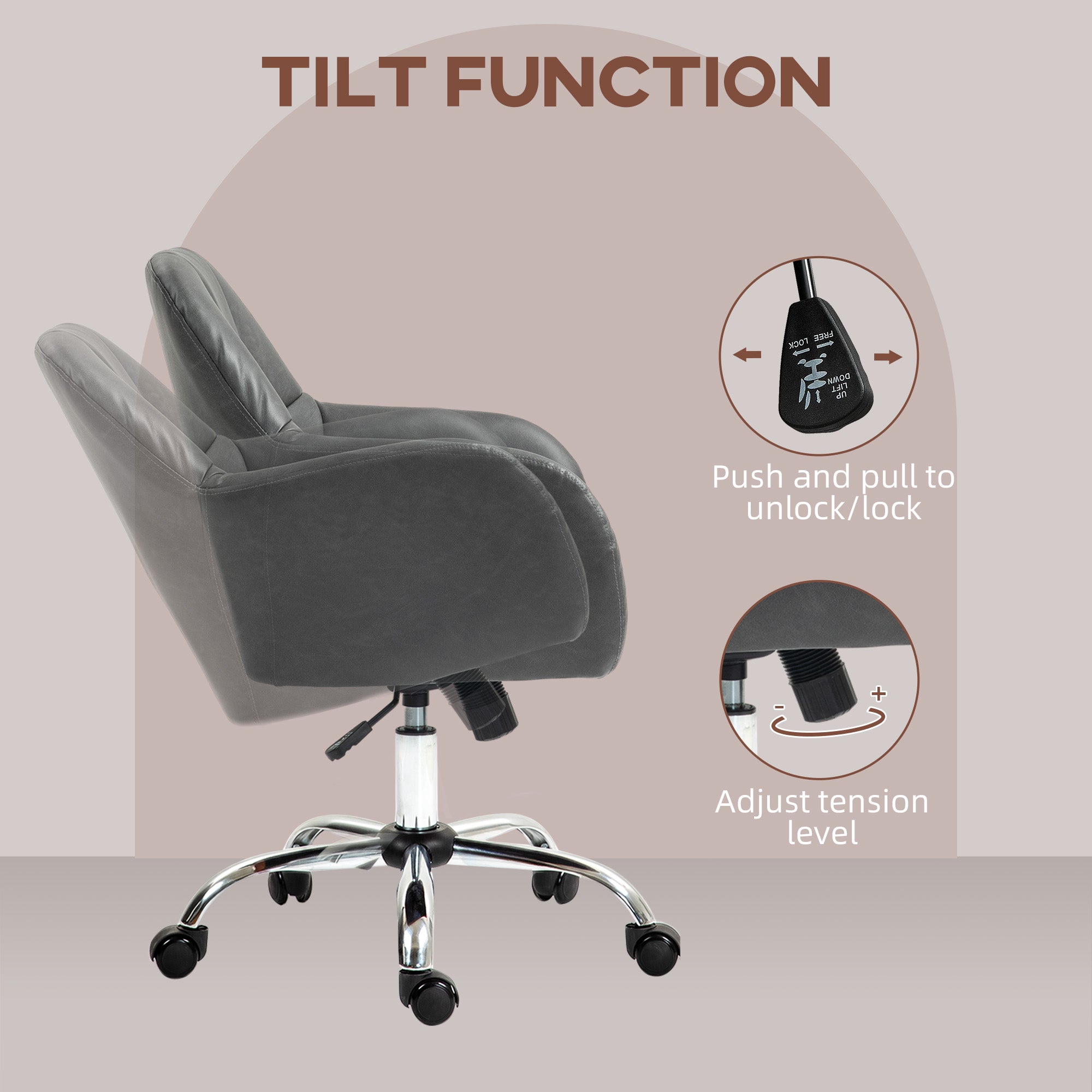 HOMCOM Faux Leather Tub Office Chair, with Wheels - Grey - North Peak Garden Furniture
