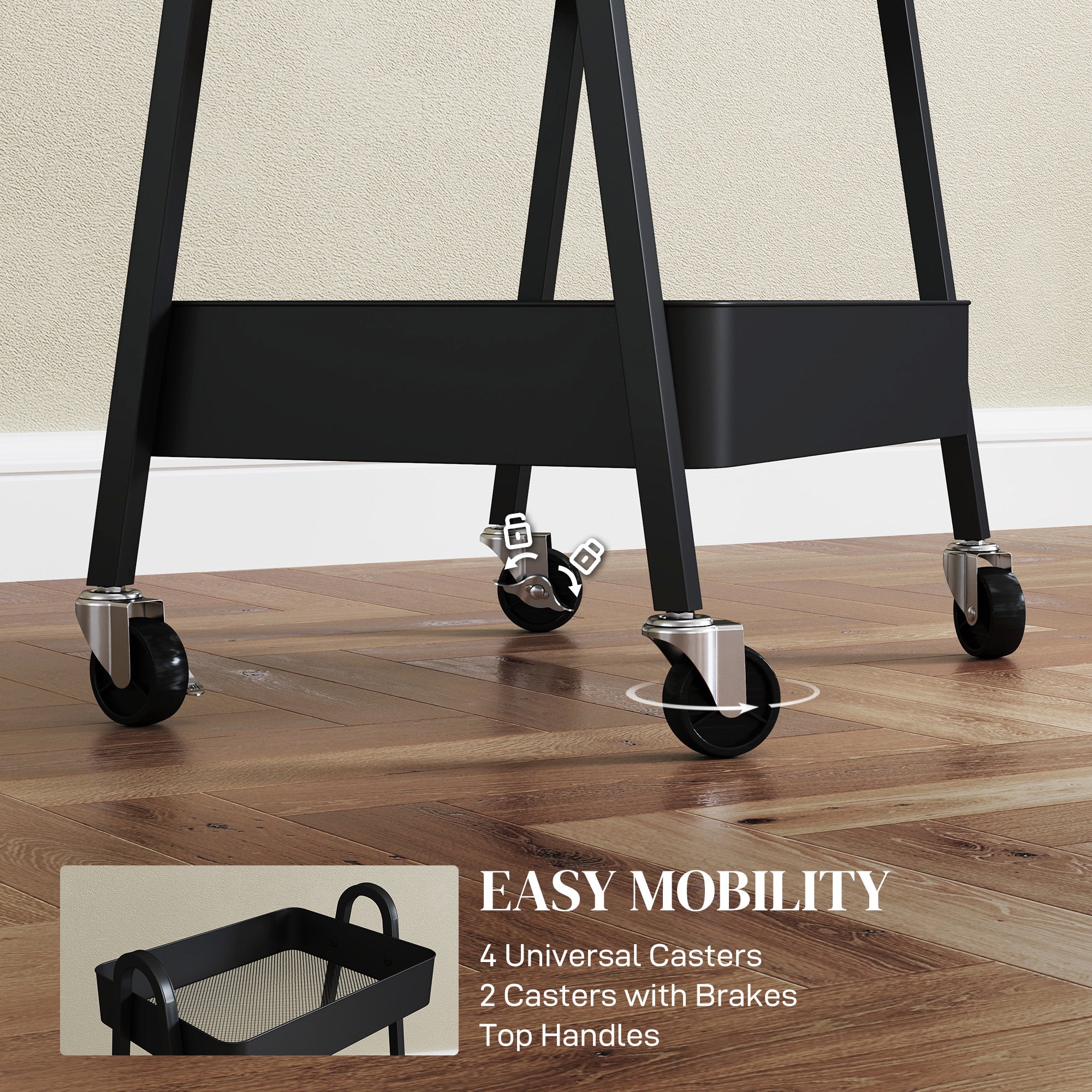 HOMCOM 3-Tier Storage Trolley on Wheels - Black - North Peak Garden Furniture