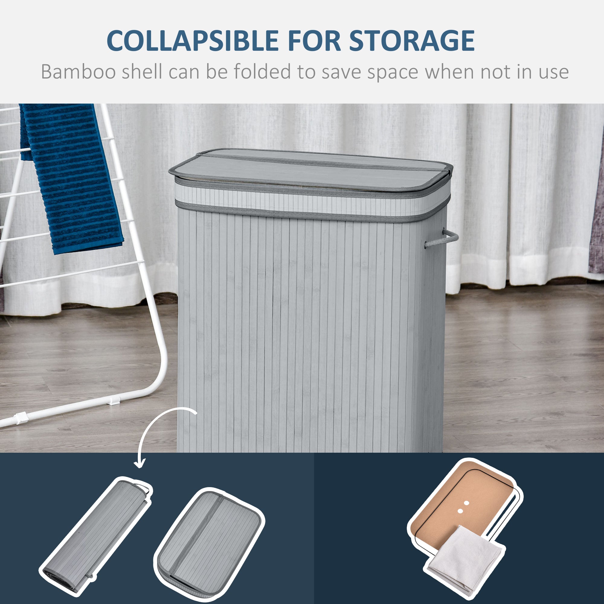 HOMCOM 100L Natural Wood Laundry Basket A Compartment w/Flip Lid Removable Lining Handles Board Base Foldable Durable Water-Resistant Dirty Clothes Storage Home Organisation Grey - North Peak Garden Furniture