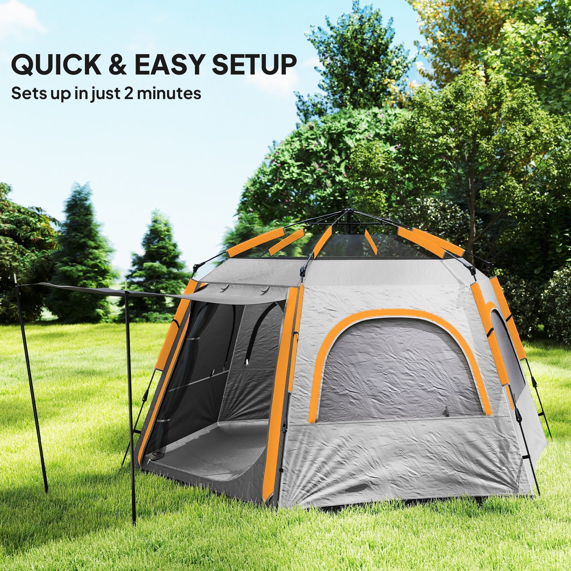 Outsunny Instant Camping Tent, 2/3/4 Person Easy Setup Family Tent with Vestibule, Rainfly, 4 Mesh Windows & 2 Doors, Hexagonal Design, Waterproof UV Protected Dome Tent, Light Grey - North Peak Garden Furniture