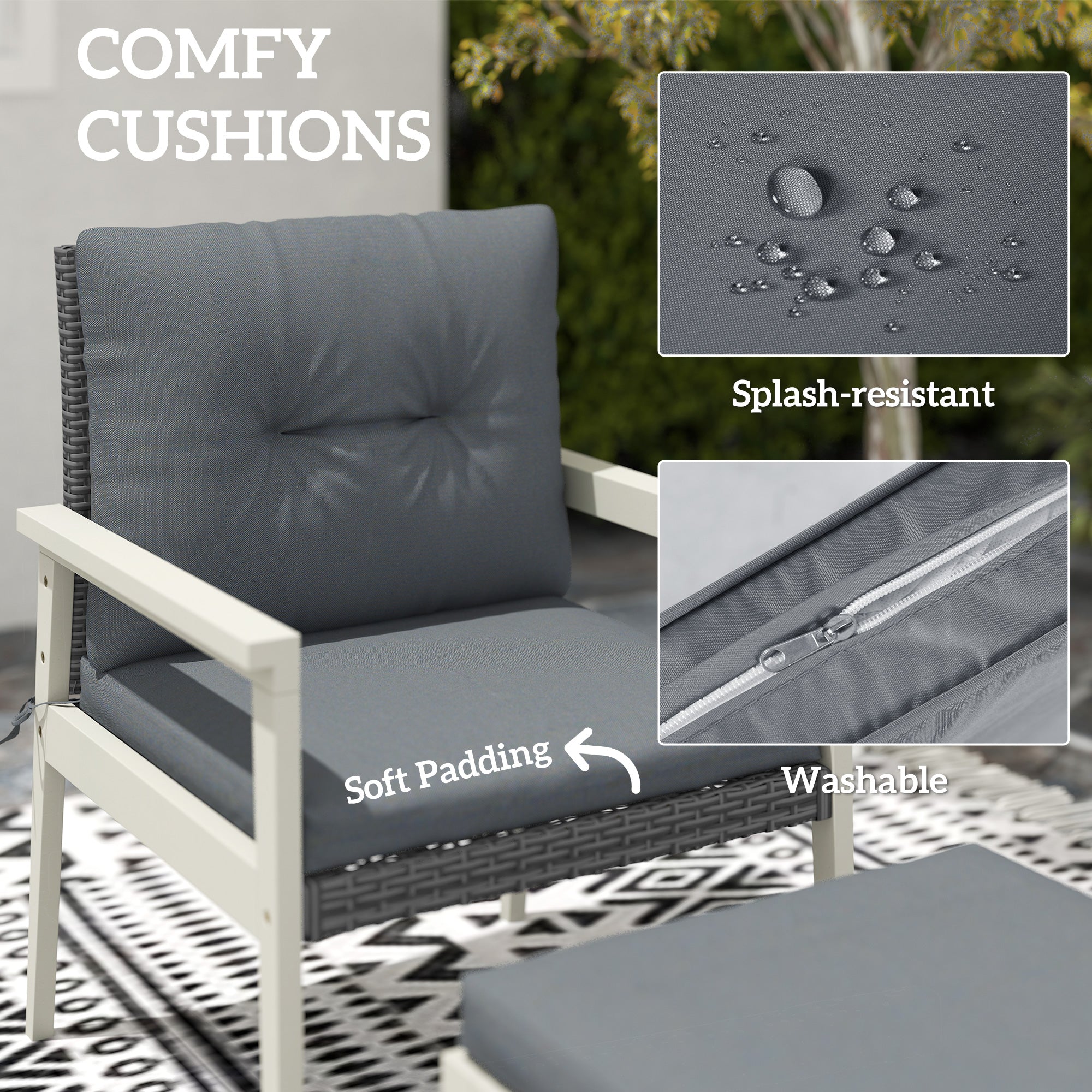 Outsunny 5 Pieces Rattan Garden Furniture Set, Patio Conversation Set with Cushions, Acacia Wood Top Coffee Table and Footstools, Outdoor Table and Chairs for Balcony, Terrace and Conservatory, Grey - North Peak Garden Furniture