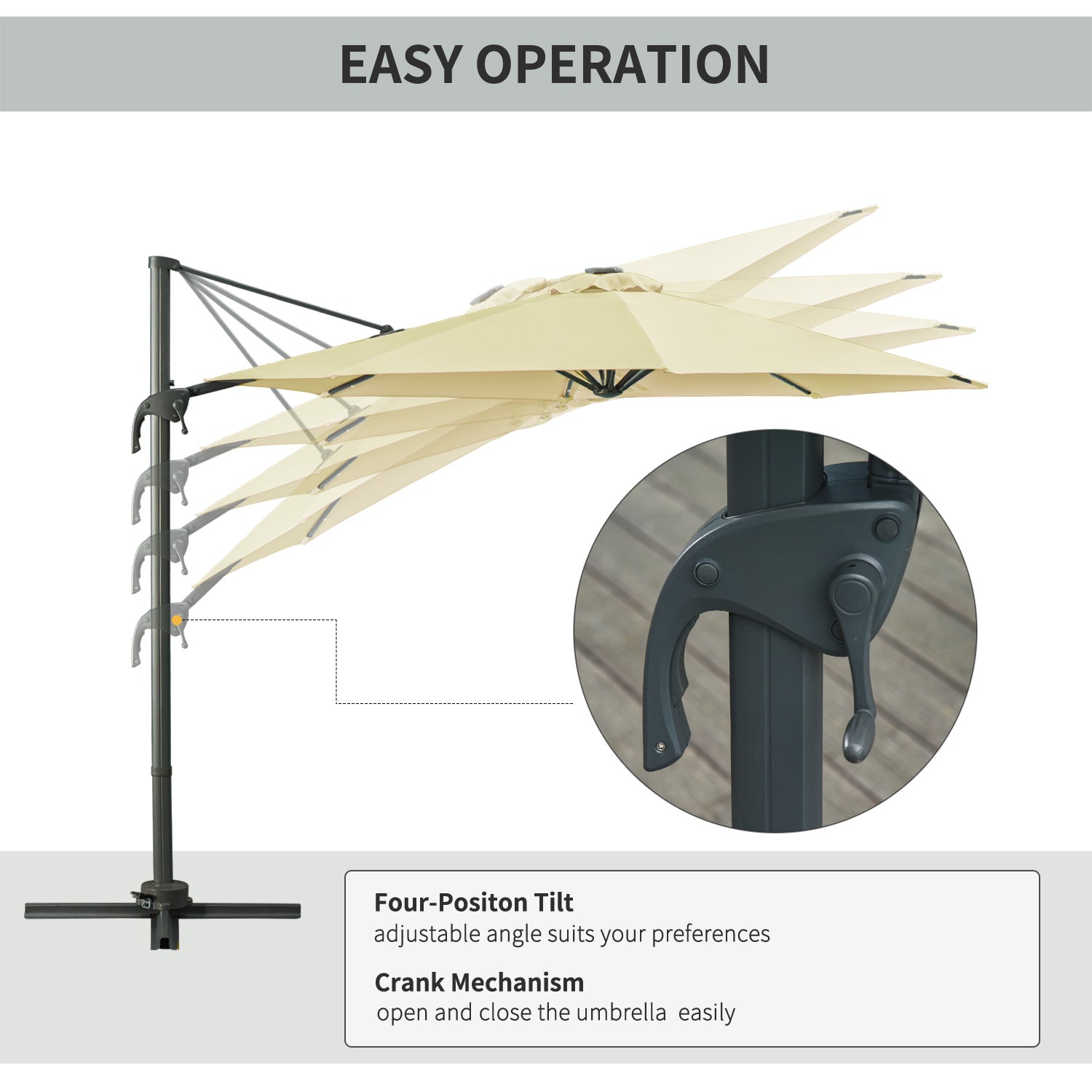 Outsunny 3(m) LED Cantilever Parasol Garden Sun Umbrella w/ Base and Solar Lights Beige - North Peak Garden Furniture
