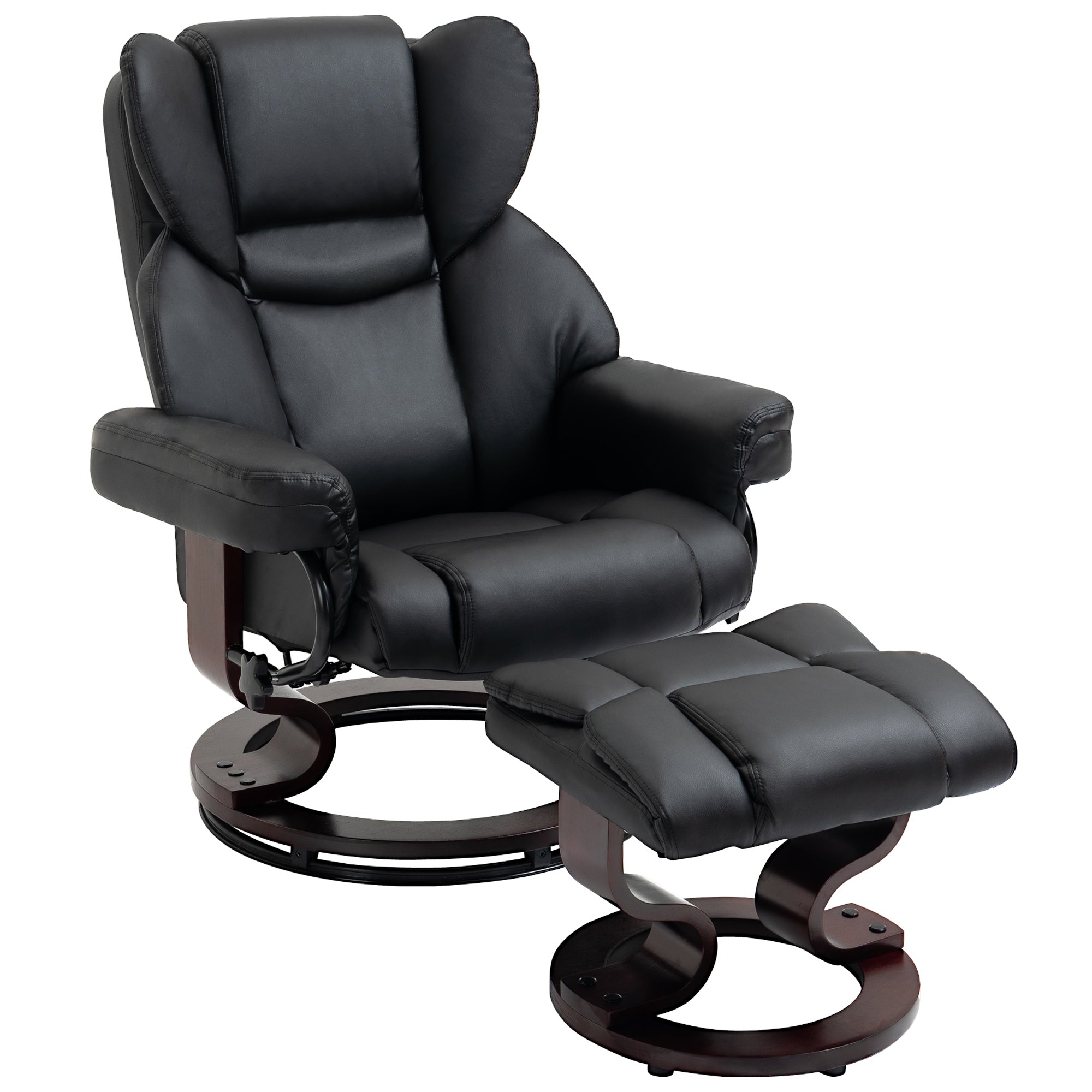 HOMCOM Faux Leather Recliner Chair and Footstool, Swivel Upholstered Armchair and Footstool with Adjustable Backrest, Solid Wood Base for Living Room, Black - North Peak Garden Furniture