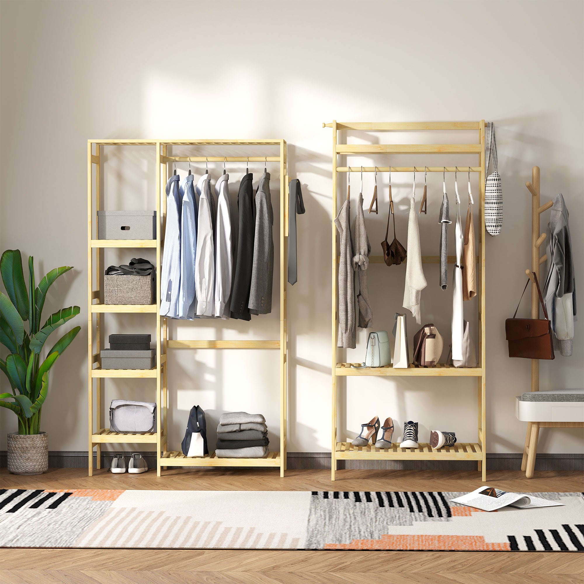 HOMCOM Bamboo Garment Rack, Clothes Rack with Storage Shelf, Hanging Rail and Side Hooks for Entryway, Bedroom, Bathroom and Office, Natural - North Peak Garden Furniture