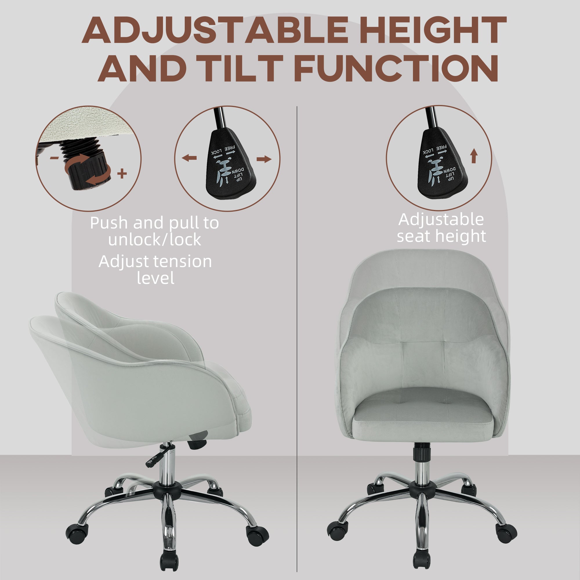 HOMCOM 46-56 cm Velvet-feel Office Chair - Grey