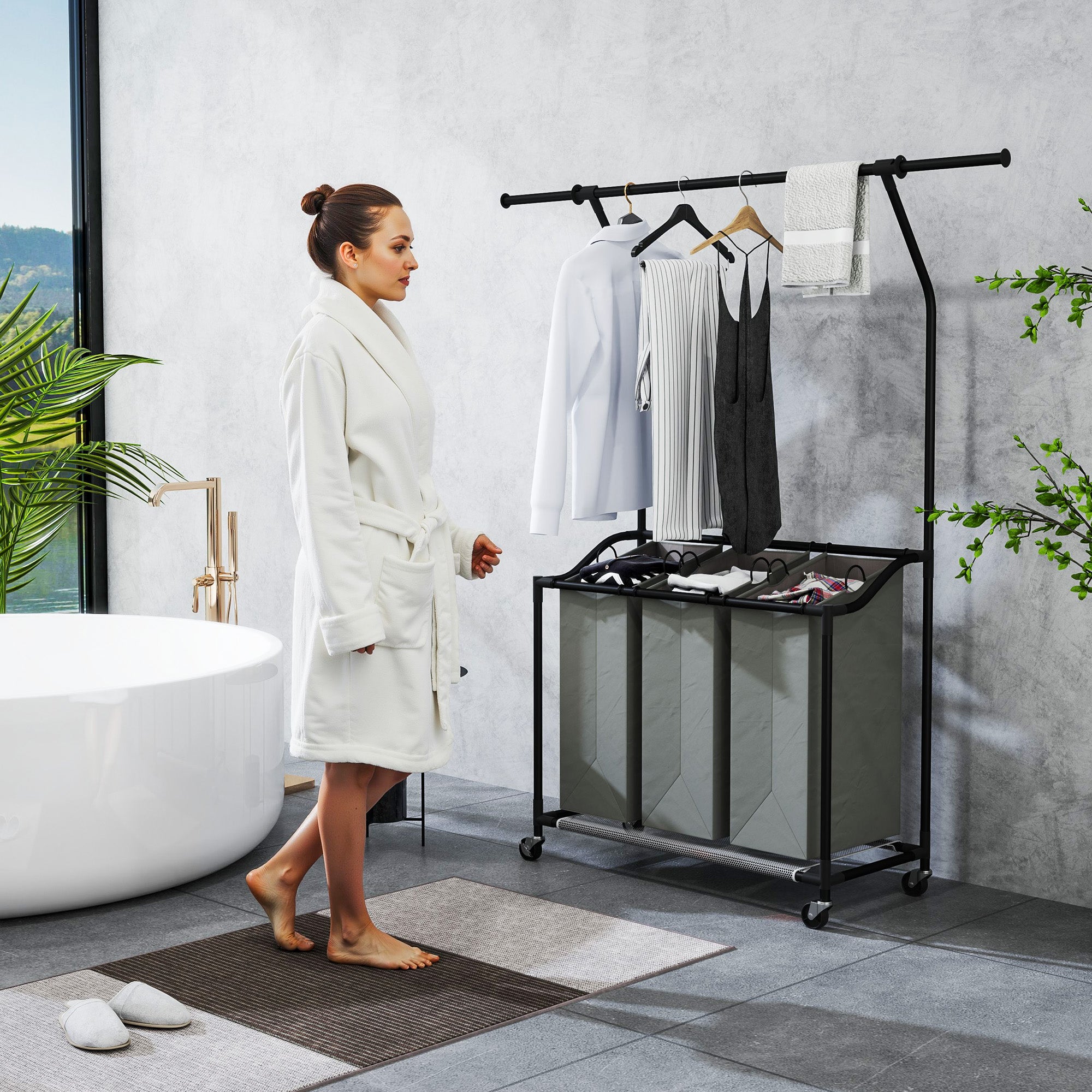 HOMCOM 126L Laundry Sorter, Rolling Wash Basket with Hanging Rail and Mobile 3-Bag Organiser for Bedroom, Bathroom, Laundry Room, 88-149.5L x 40W x 167H cm, Dark Grey - North Peak Garden Furniture