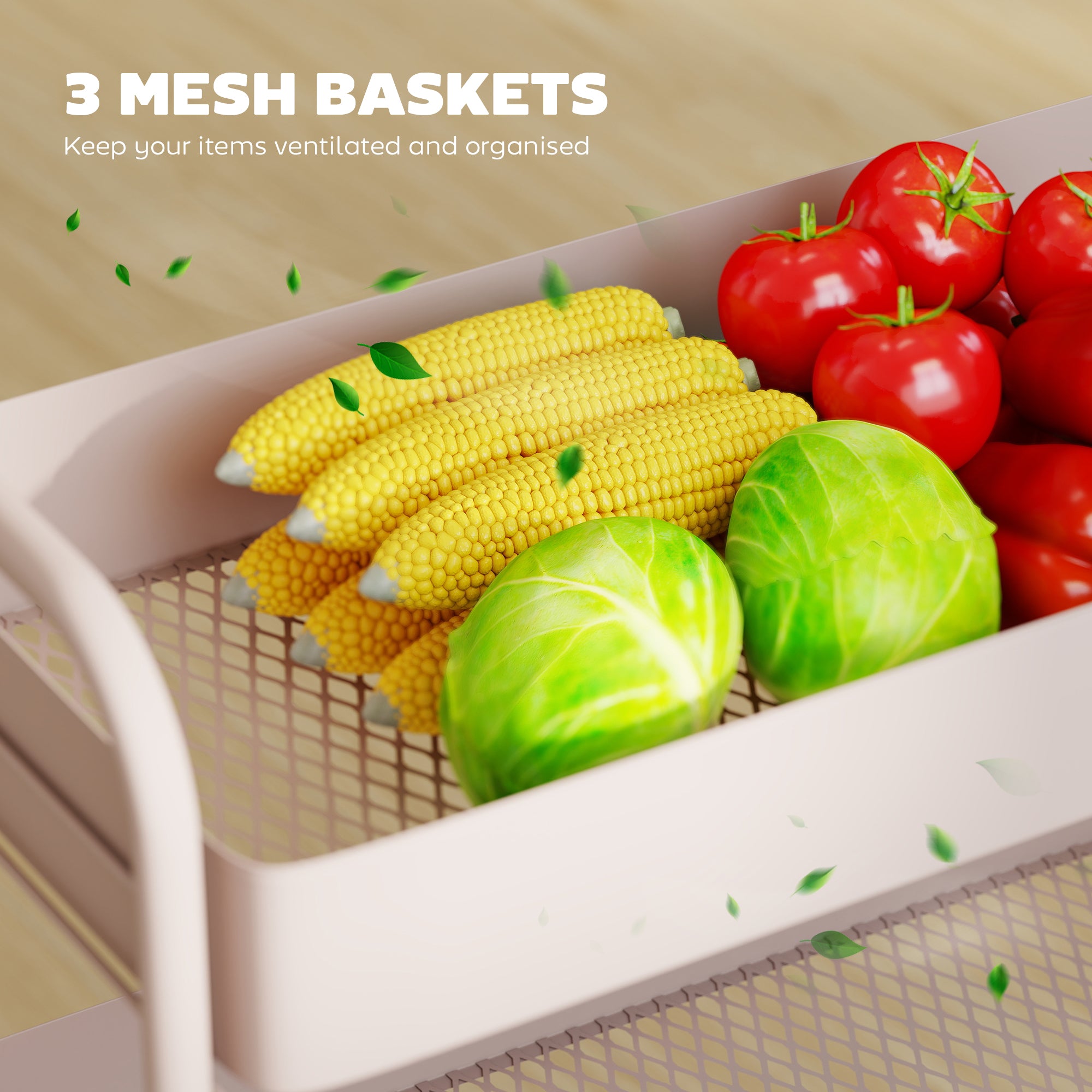 HOMCOM 3-Tier Storage Trolley on Wheels, Rolling Utility Cart with Mesh Backets for Kitchen, Bathroom, Bedroom, Light Pink