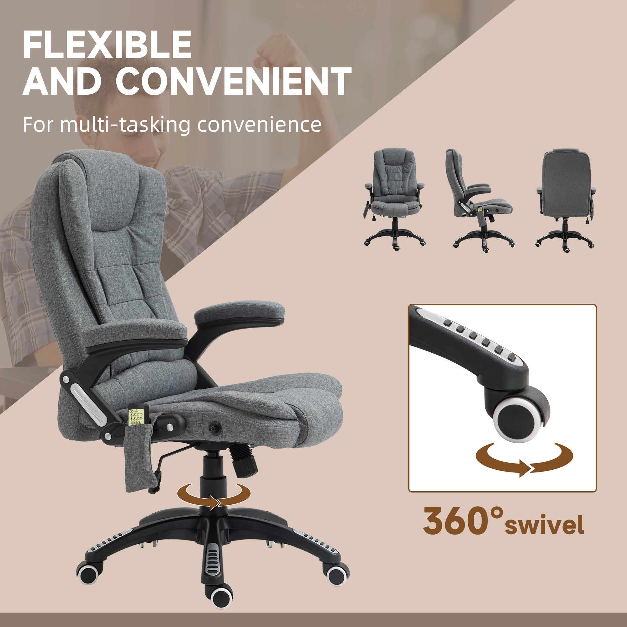 Vinsetto Massage Recliner Chair Heated Office Chair with Six Massage Points Linen-Feel Fabric 360° Swivel Wheels Grey - North Peak Garden Furniture