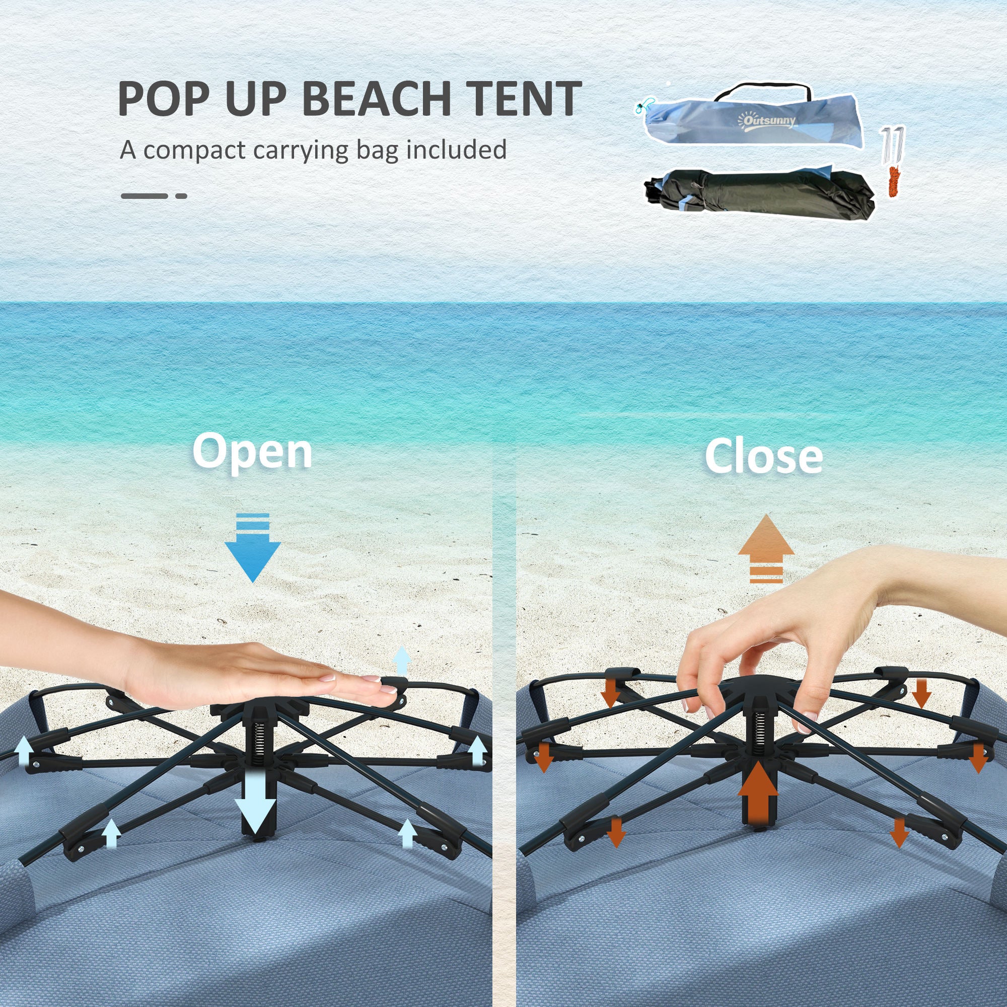 Outsunny 2-3 Person Pop Up Beach Tent, UPF15+ Sun Shelter with Extended Floor, Sandbags, Mesh Windows and Carry Bag, Light Blue - North Peak Garden Furniture