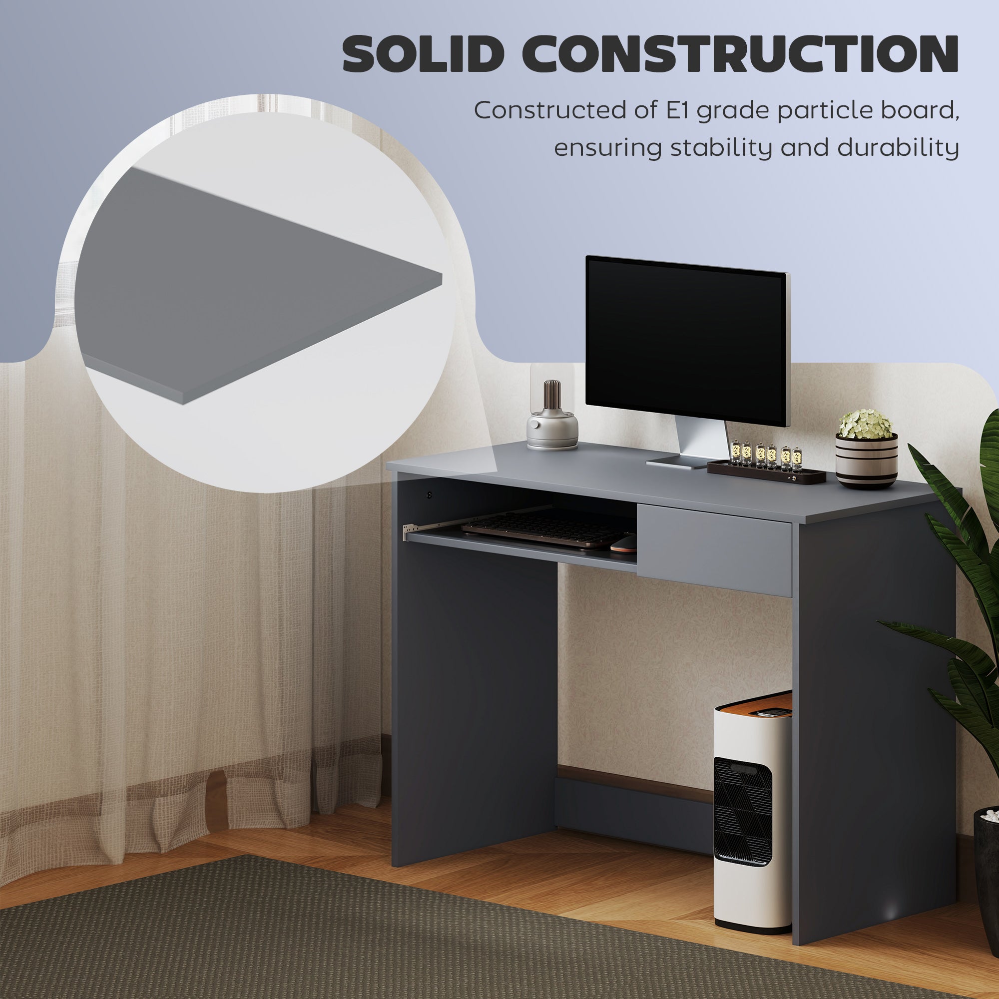 HOMCOM 100cm Compact Computer Desk with Keyboard Tray, Home Office Desk with Drawer for Bedroom Study, Grey - North Peak Garden Furniture