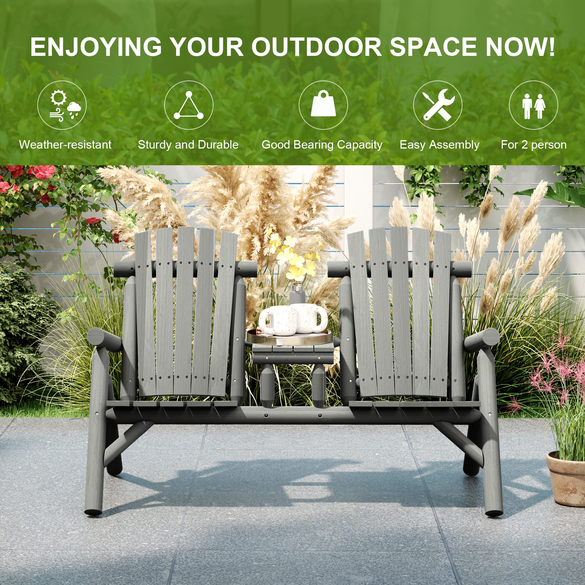 Outsunny Wood Patio Chair Bench 2 Seats w/ Centre Coffee Table, Garden Bench, Grey - North Peak Garden Furniture