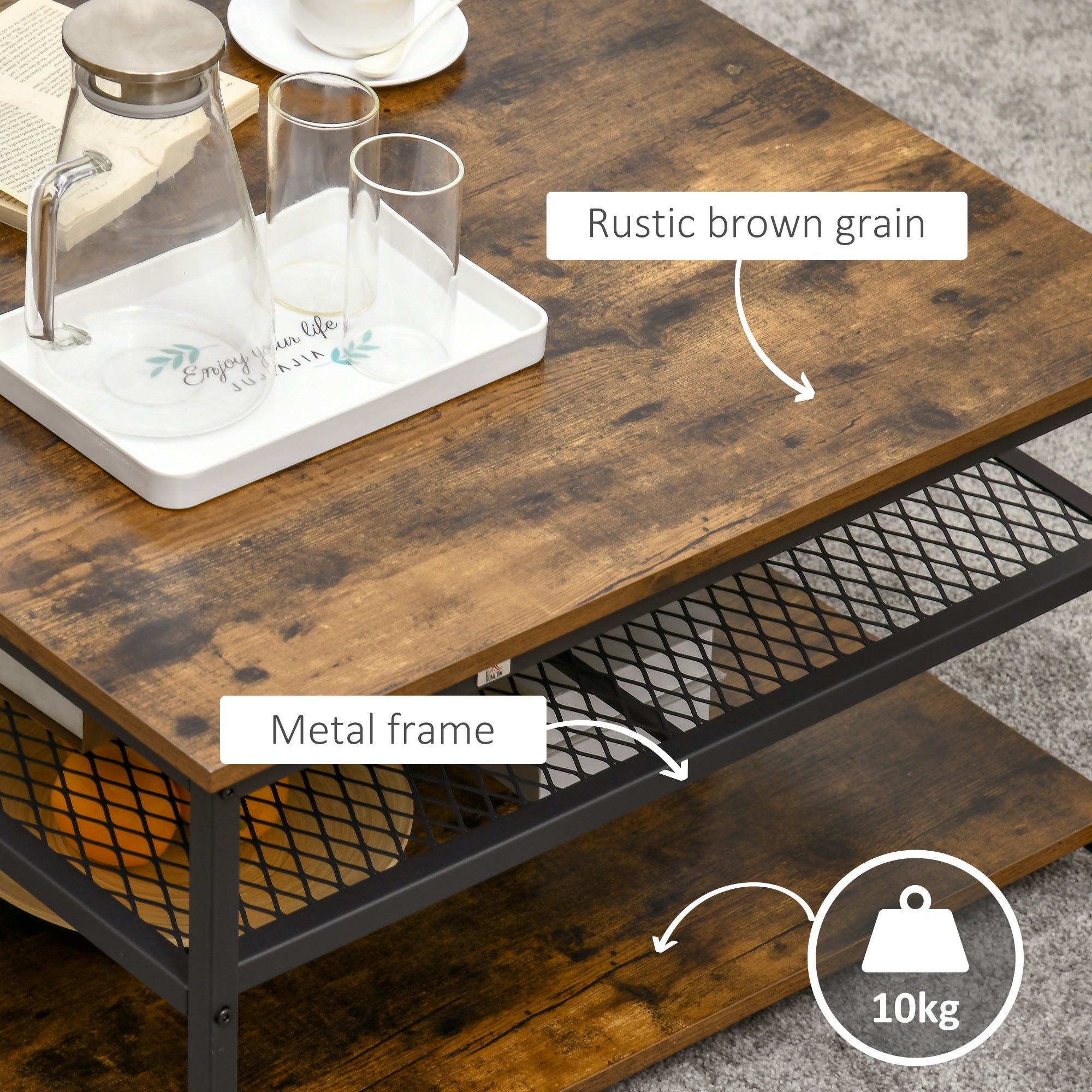 HOMCOM Coffee Table, Living Room Table with 3-Tier Storage Shelves, Square Tea Table for Home Office, Rustic Brown - North Peak Garden Furniture