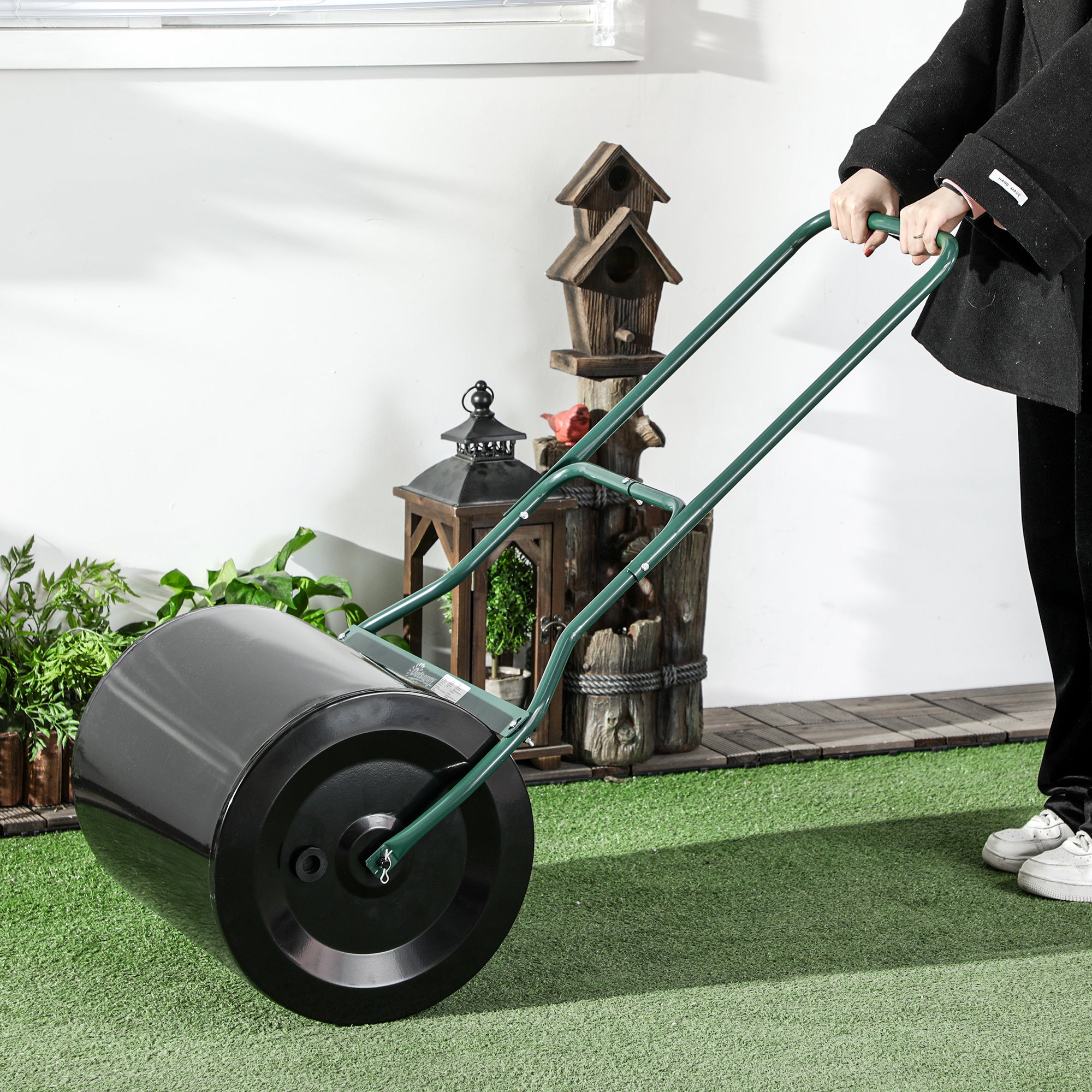 Outsunny φ50cm Steel Garden Lawn Roller Push Pull w/ Fillable Cylinder Water Sand Plug Lawn Flatten Seed Sow Rolling Drum w/ Handle - North Peak Garden Furniture