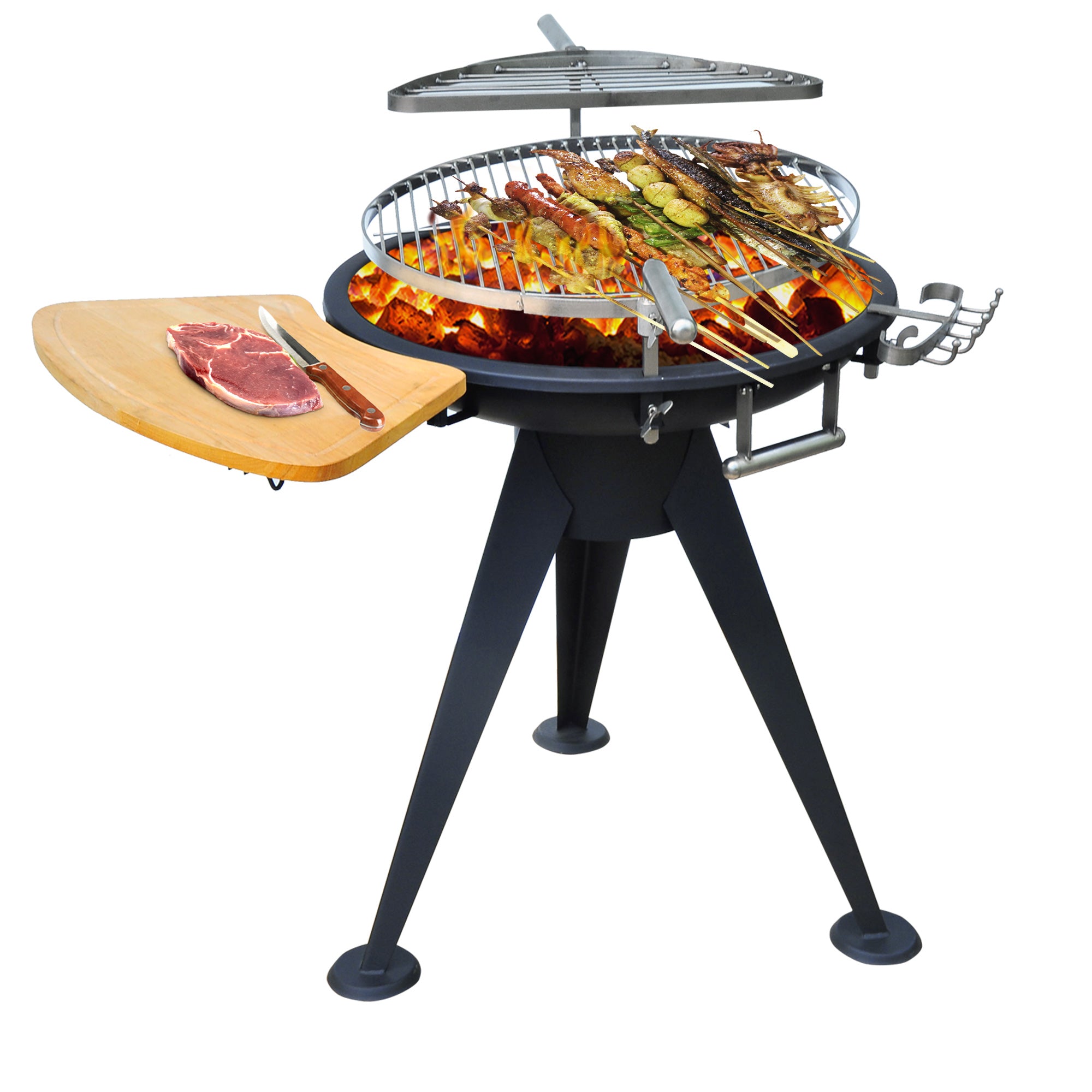 Outsunny Charcoal BBQ Outdoor Garden Adjustable Barbecue Double Grill Party Cooking Fire Pit with Cutting Board - Black