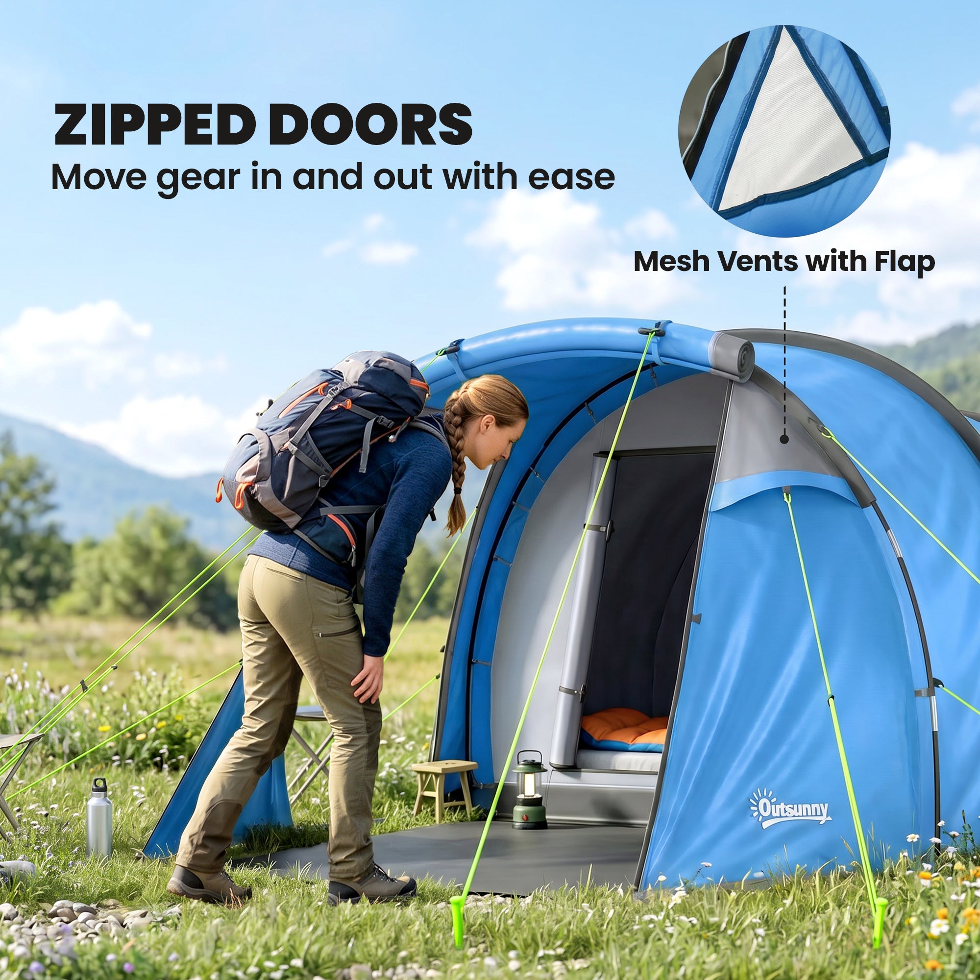 Outsunny 2-3 Man Tunnel Tents w/ Vestibule Camping Tent Porch Air Vents Rainfly Weather-Resistant Shelter Fishing Hiking Festival Shelter Home