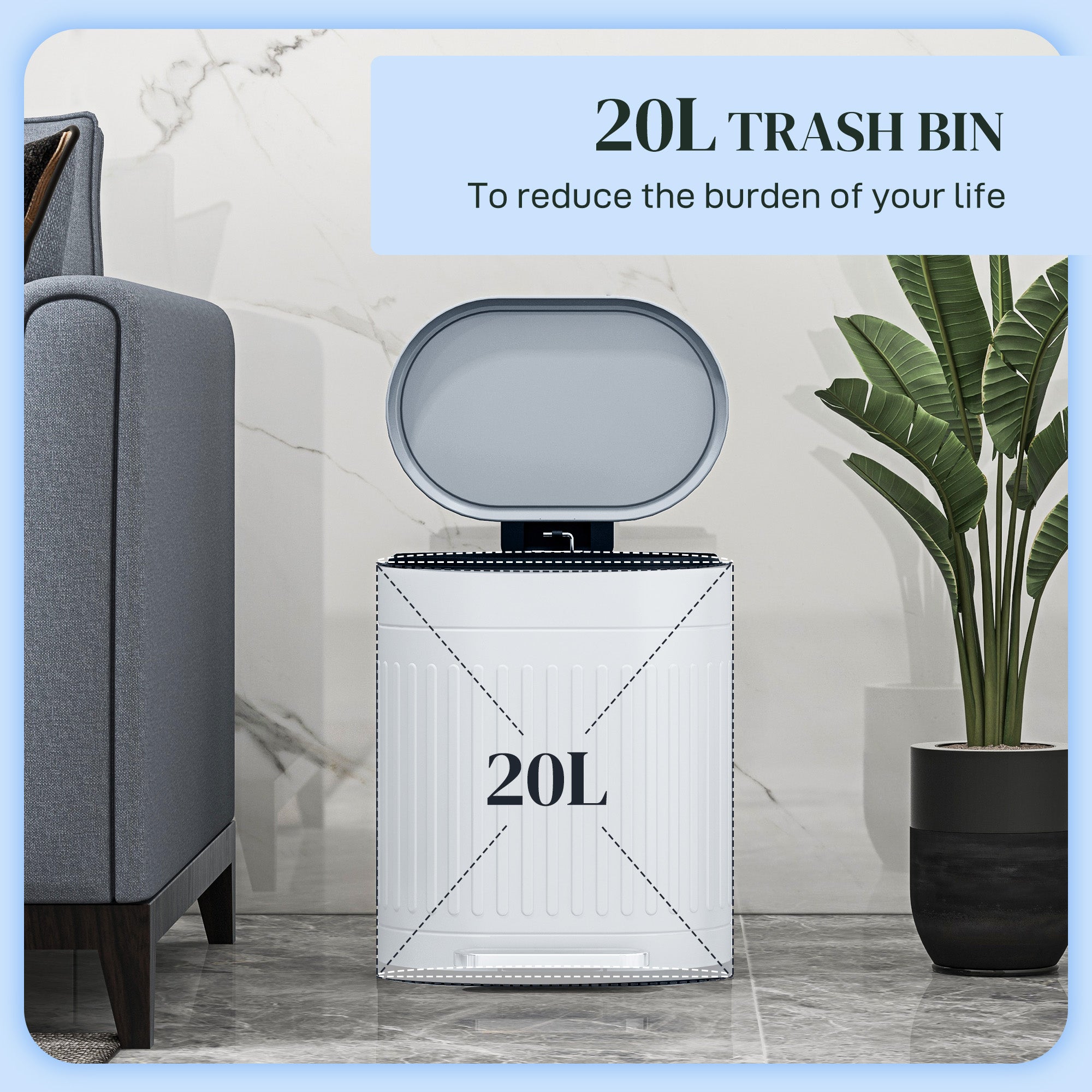 HOMCOM 20L Metal Kitchen Bin, with Soft-Close Lid - Grey - North Peak Garden Furniture