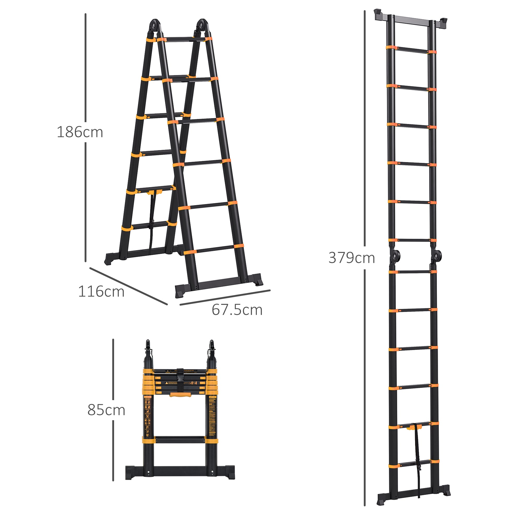 HOMCOM 3.8m Duo Aluminium Ladder w/ Tool Holder - Yellow