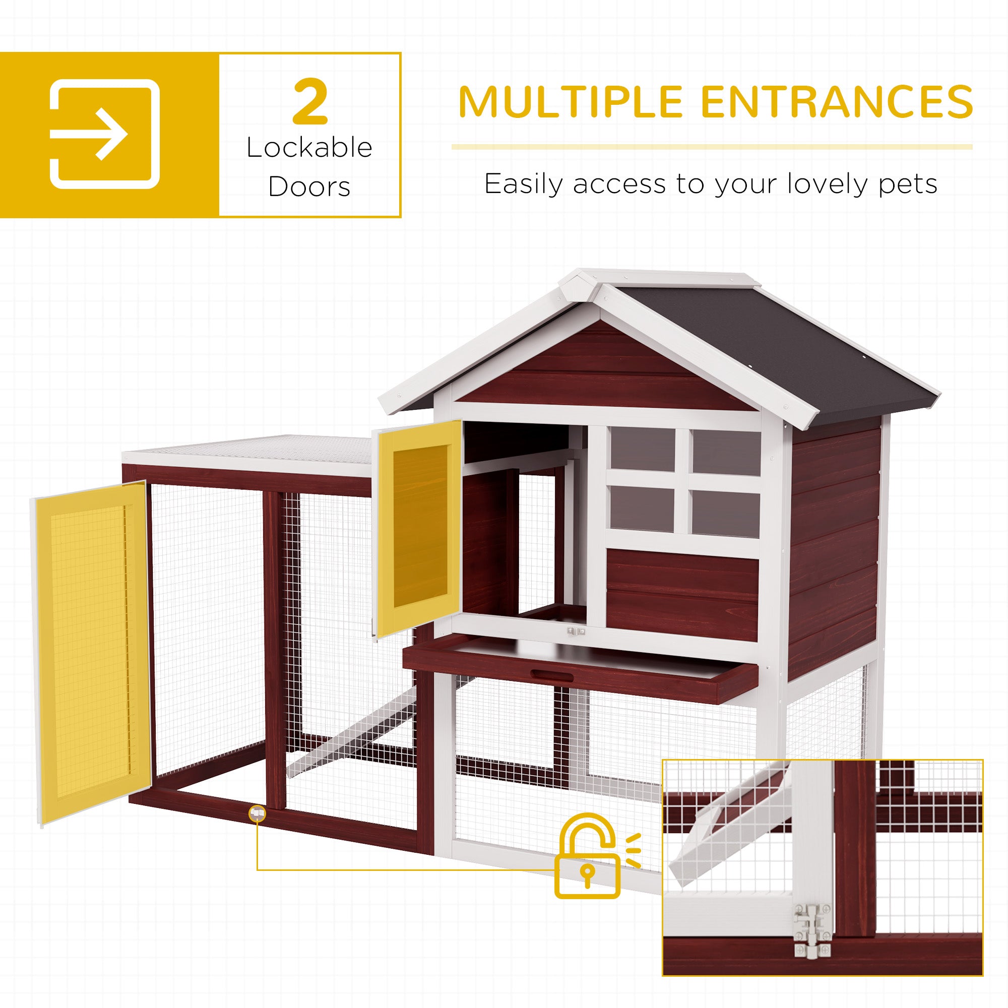 PawHut Rabbit Hutch Outdoor Wooden Guinea Pig Hutch Rabbit Run Bunny Cage Small Animal House Pull-Out Tray, Brown, 122 x 62.6 x 92 cm - North Peak Garden Furniture