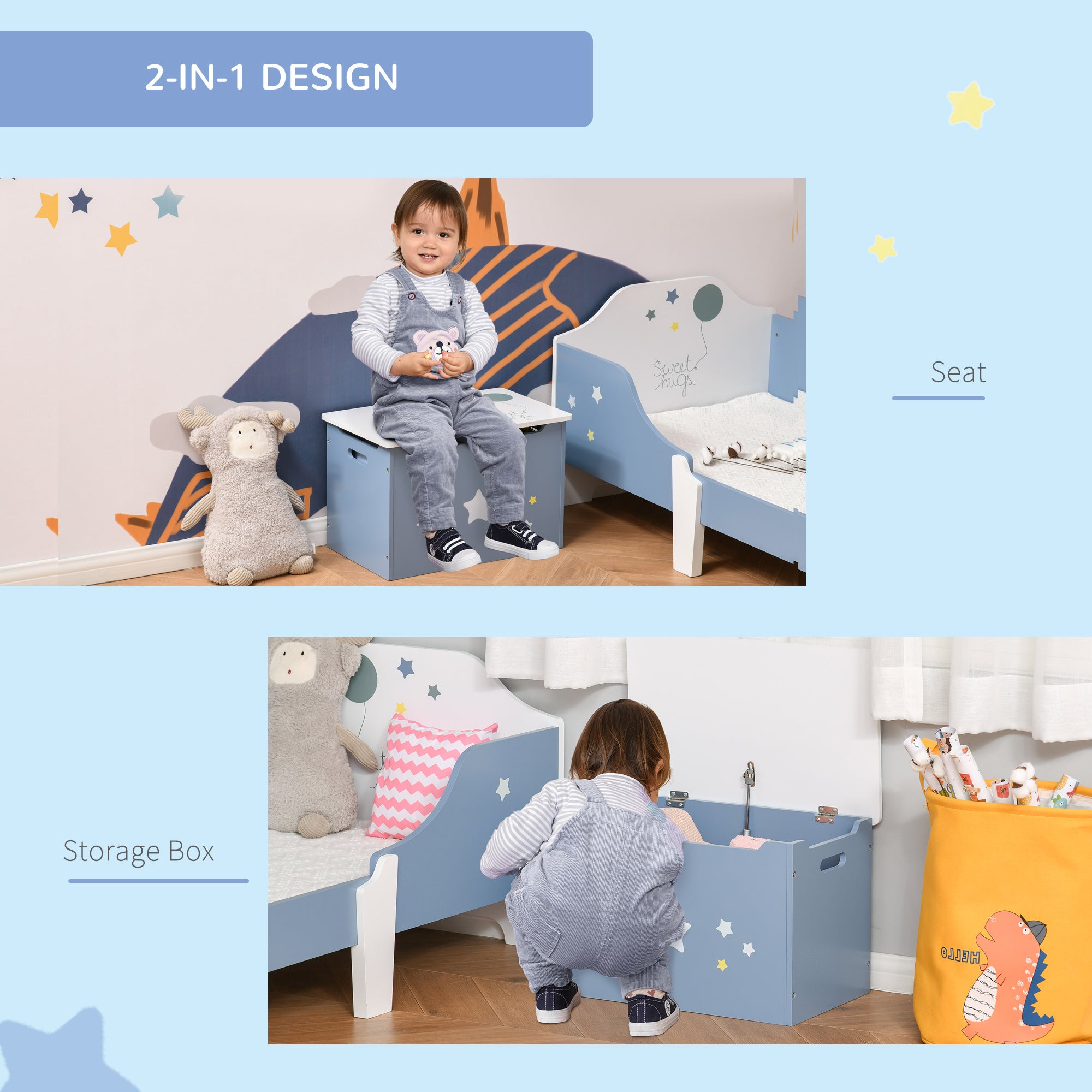 HOMCOM Kids Wooden Toy Box Children Storage Chest Organiser Side Handle Safety Hinge Play Room Furniture Blue - North Peak Garden Furniture