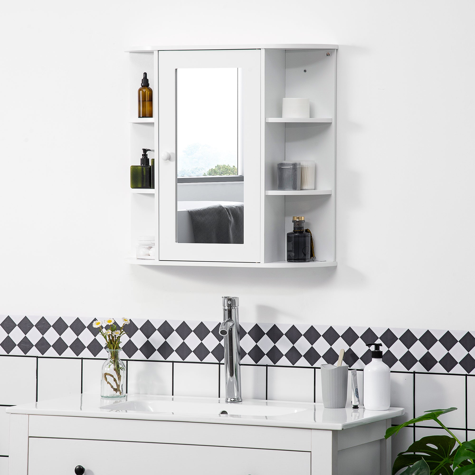 HOMCOM Wall Mounted Bathroom Cabinet with Mirror Single Door Storage Organizer 2-tier Inner Shelves White - North Peak Garden Furniture