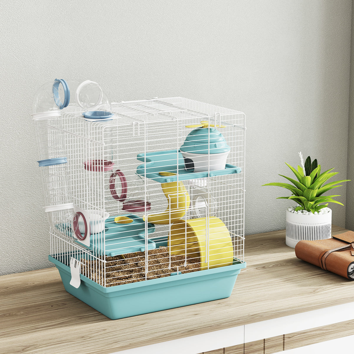 PawHut 3-Level Hamster Cage with Exercise Wheel, Water Bottle, Food Bowl, for Dwarf Hamsters, 34.5 x 27.5 x 41 cm, Blue