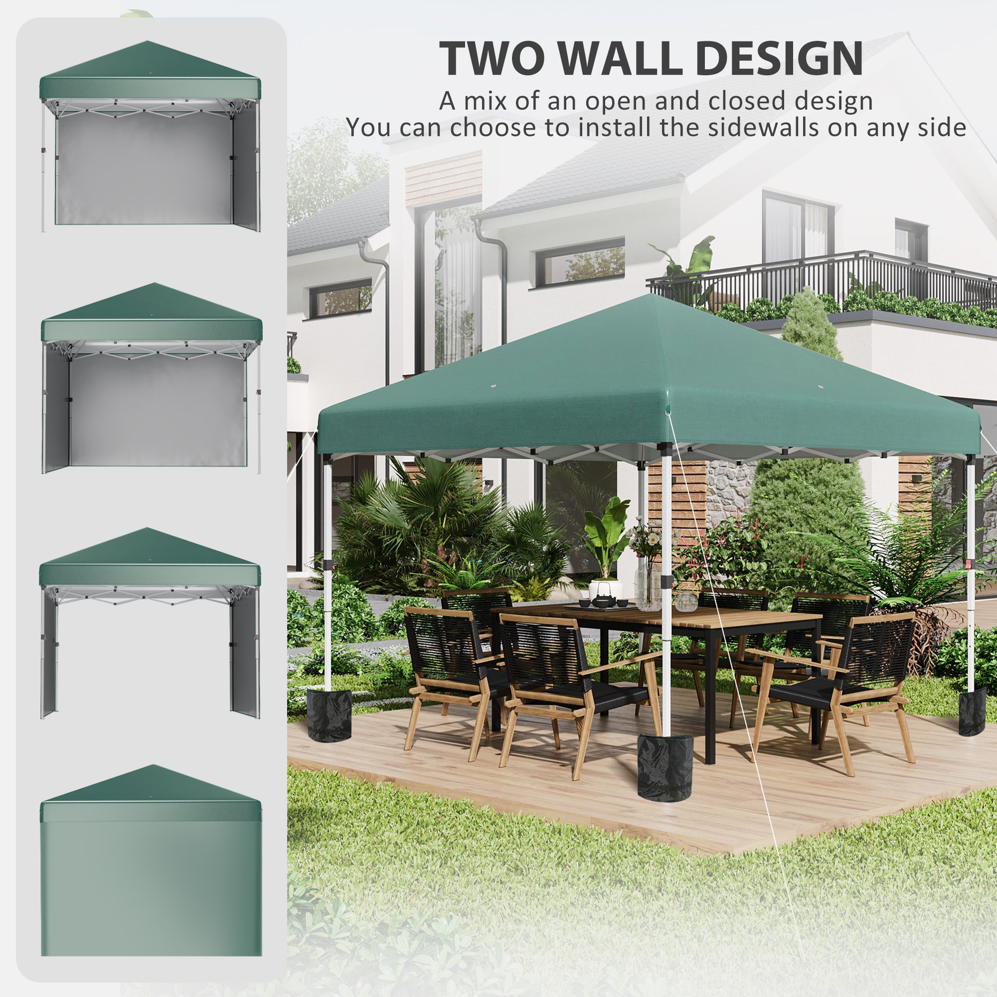 Outsunny 3 x 3 (M) Pop Up Gazebo, UPF 30+ with 2 Sidewalls, Leg Weight Bags and Wheeled Bag, Height Adjustable Party Tent Event Shelter for Garden, Patio, Green - North Peak Garden Furniture