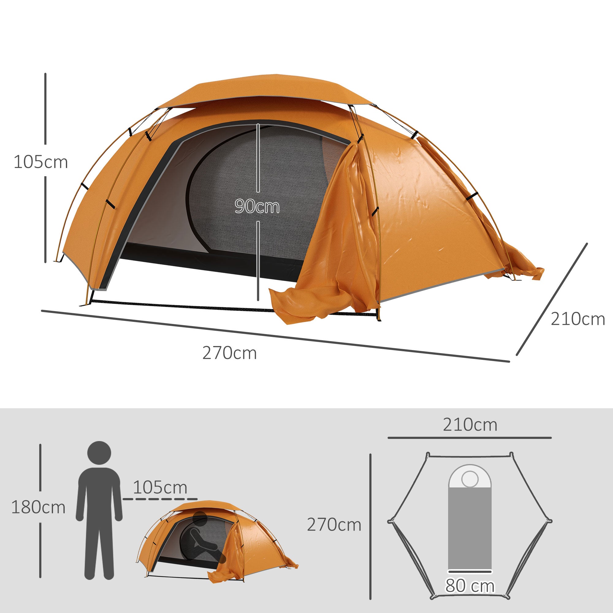Outsunny Aluminium Frame Camping Tent Dome Tent with Removable Rainfly, 2000mm Waterproof, for 1-2 Man, Orange - North Peak Garden Furniture