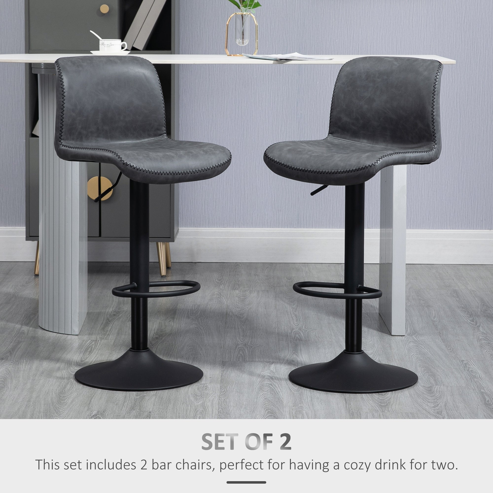 HOMCOM Set of 2 Bar Stool Adjustable Height Swivel Footrest and Base for Breakfast Bar, Kitchen and Home, Dark Grey - North Peak Garden Furniture