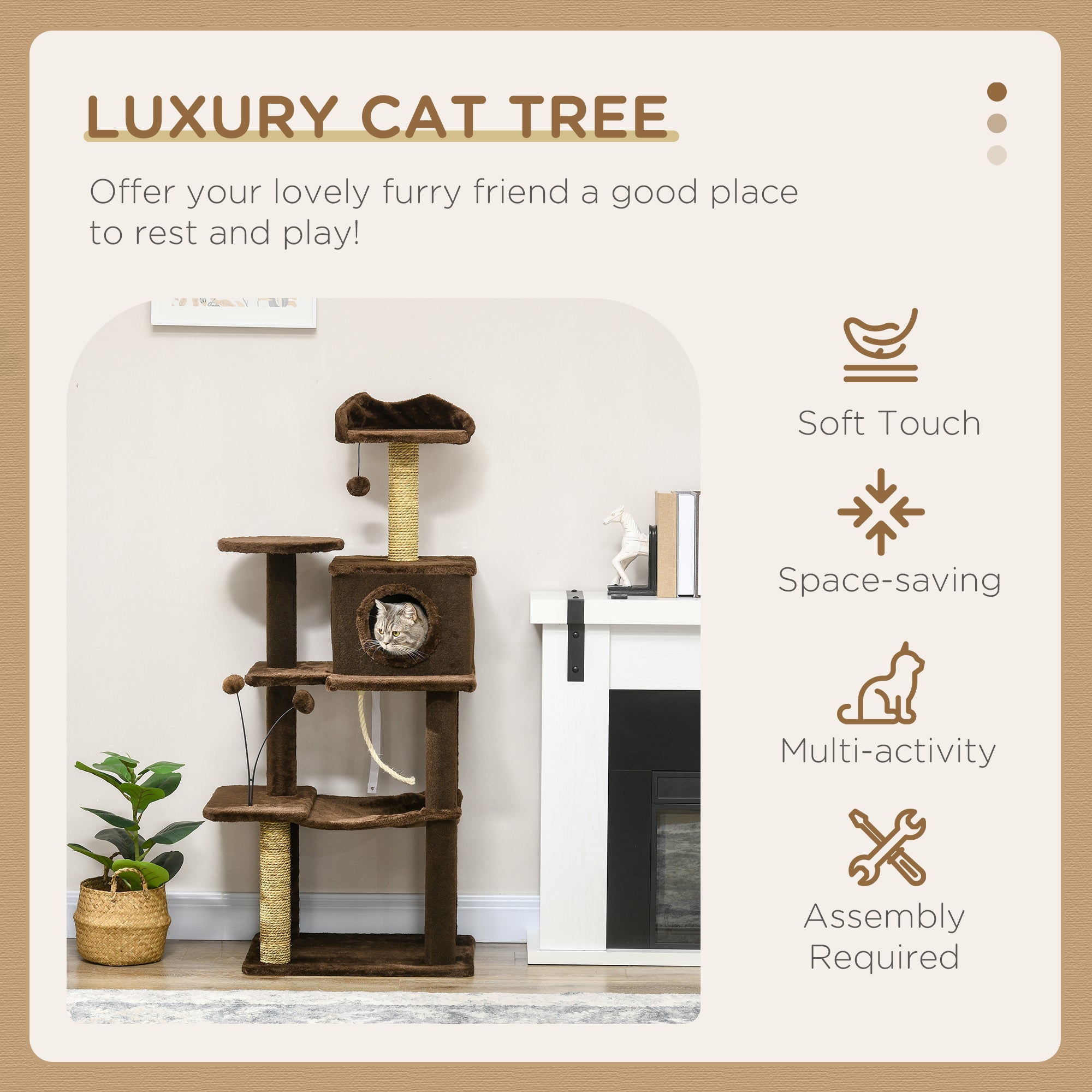PawHut 136cm Cat Tree for Indoor Cats, Modern Cat Tower with Scratching Posts, house, Platforms, Toy Ball - Brown - North Peak Garden Furniture