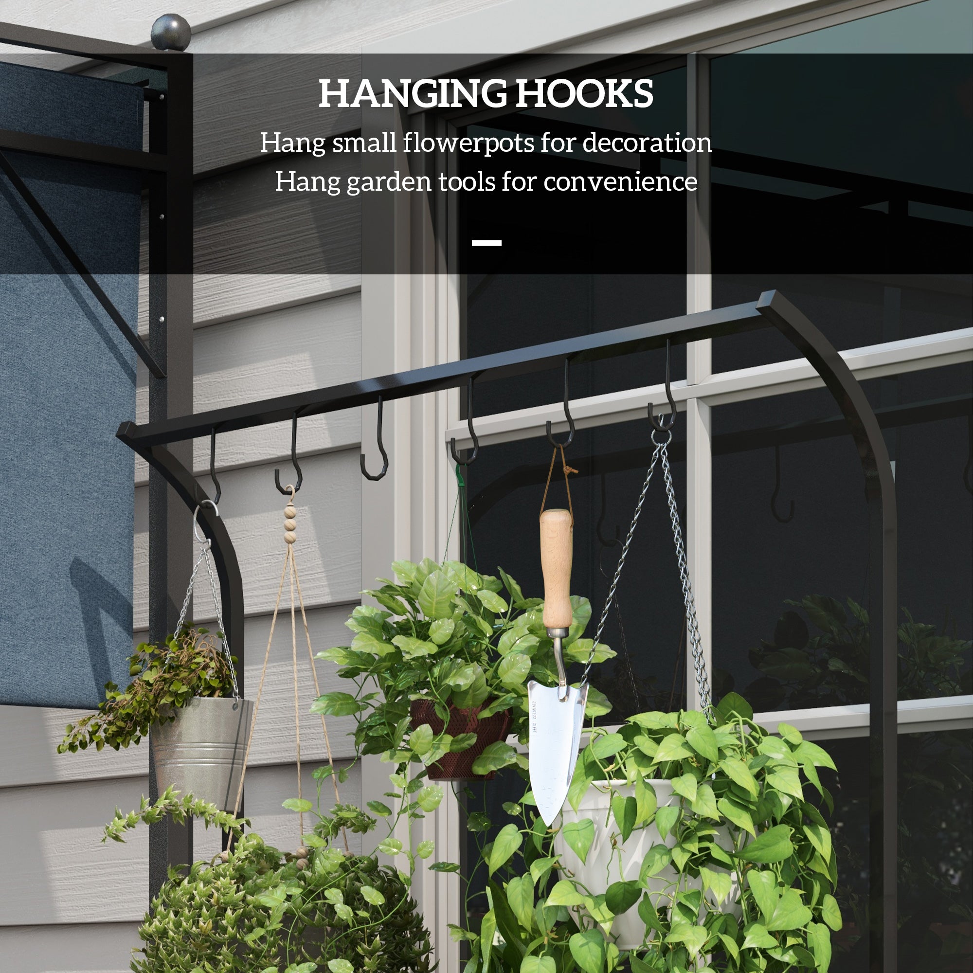 Outsunny 3 Tiered Plant Rack with Hanging Hooks, Tall Plant Stand for Indoor Outdoor Porch Balcony Use, Black - North Peak Garden Furniture