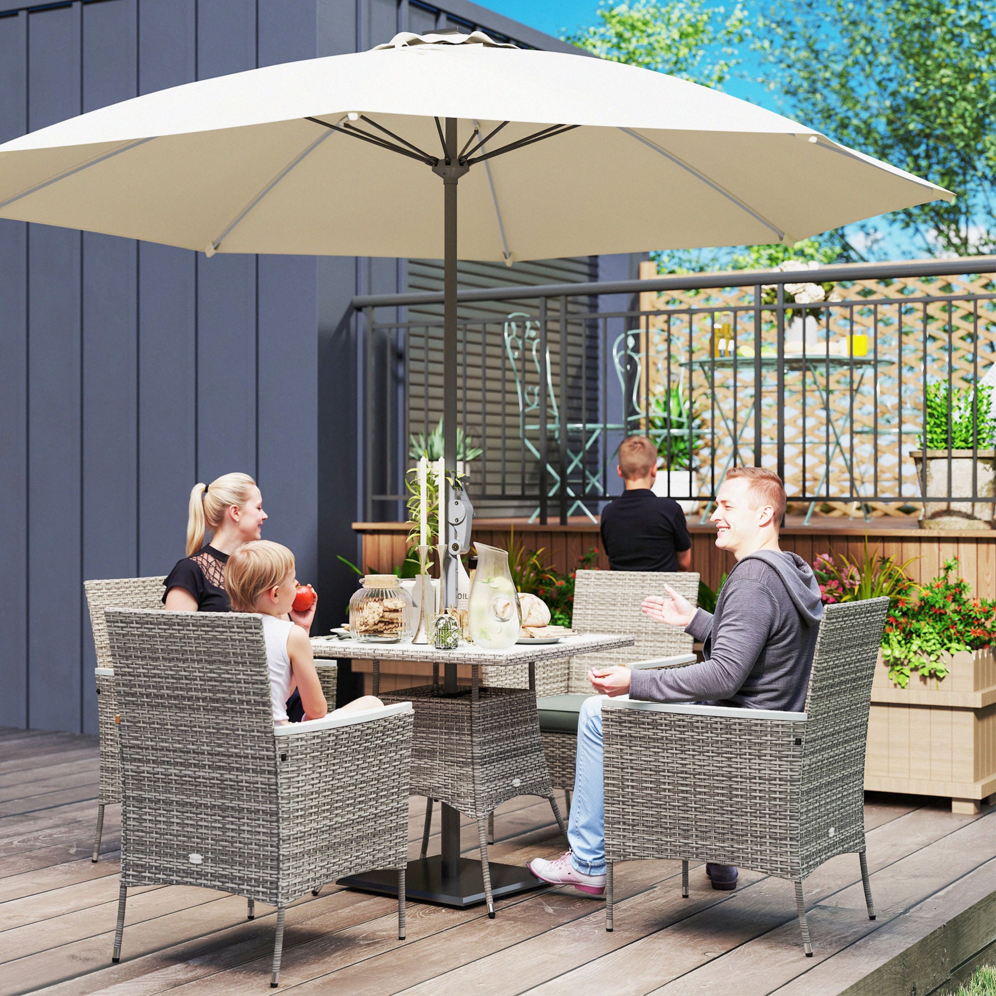 Outsunny Five-Piece Rattan Set, with Wood-Top Table - Grey - North Peak Garden Furniture