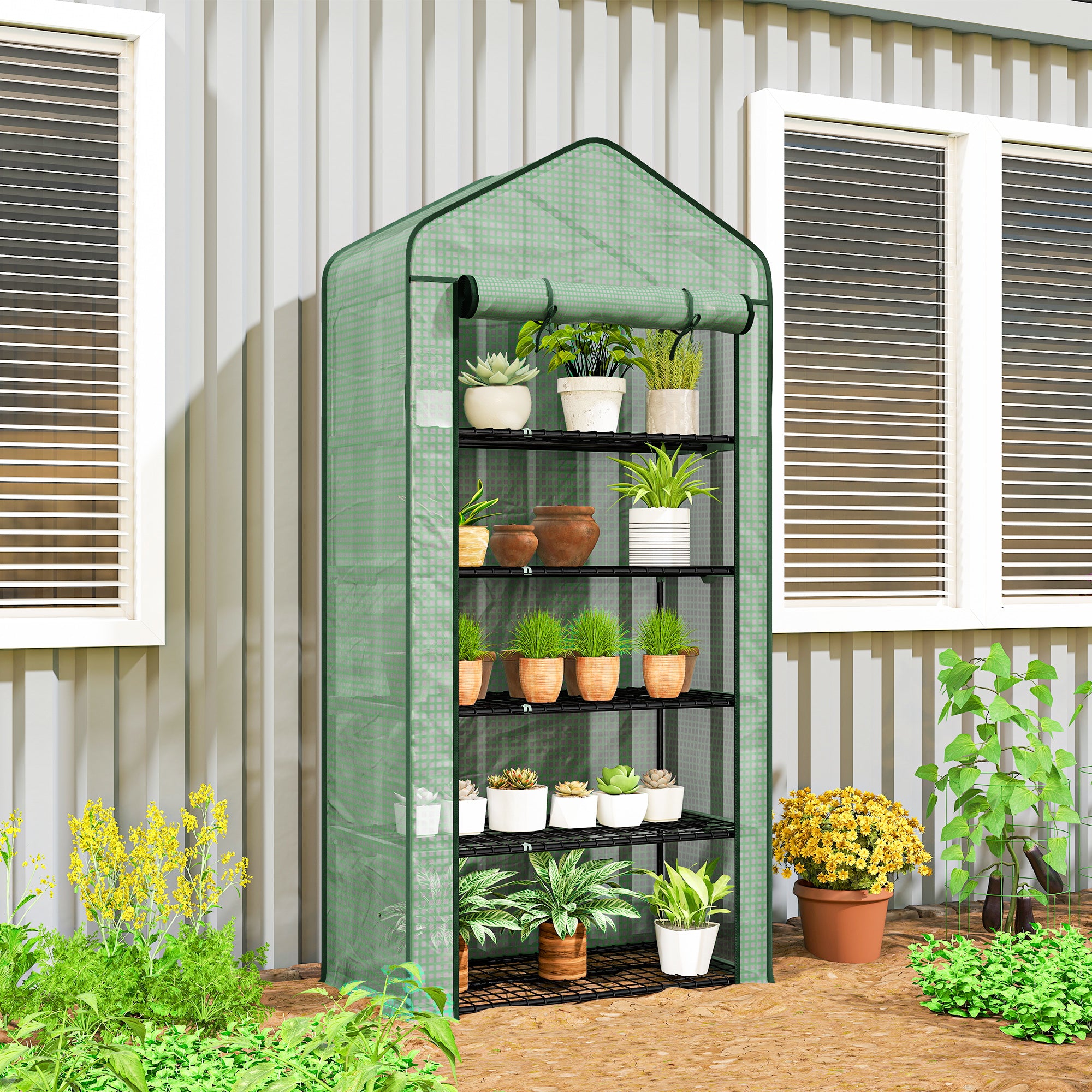 Outsunny 5 Tier Widened Mini Greenhouse with Reinforced PE Cover, Portable Indoor Outdoor Green House with Roll-up Door and Wire Shelves, 193H x 90W x 49Dcm, Green