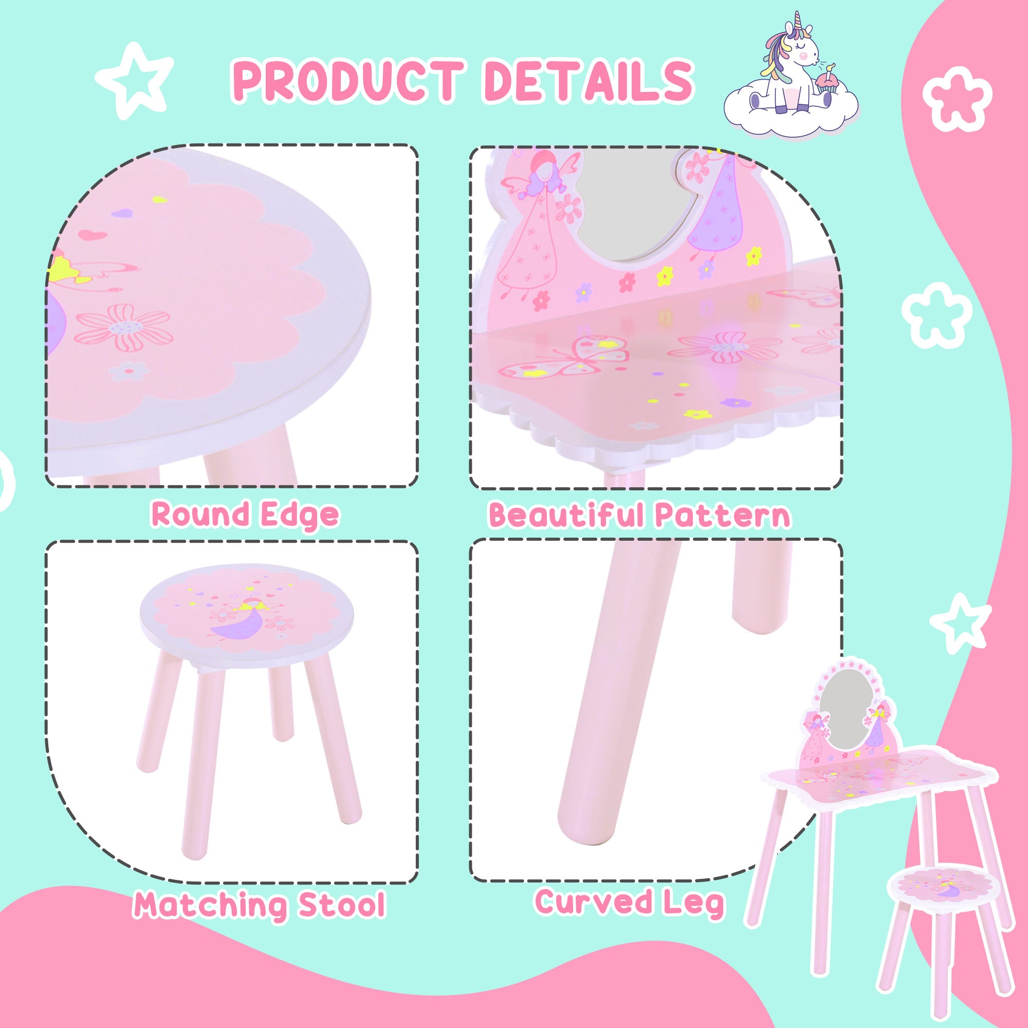 HOMCOM Kids Dressing Table Girls Pink Wooden Kids Dressing Table & Stool Make Up Desk Chair Toys Fairy Dresser Play Set w/Mirror