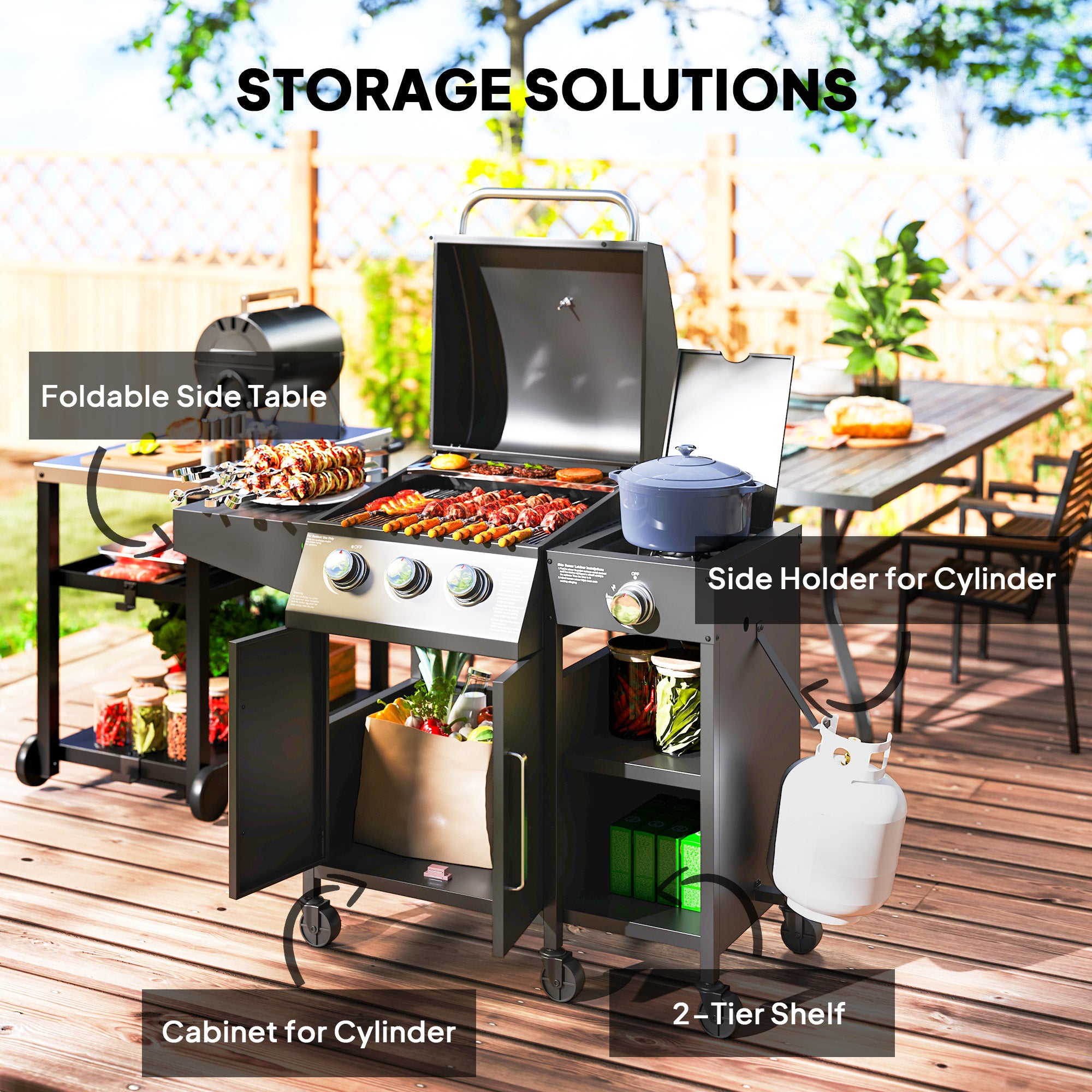 Outsunny 3+1 Burner Gas BBQ Grill with Storage Cabinet and Shelves, 9.5 kW Gas Barbecue Trolley with 6 Castor Wheels, Warming Rack, Thermometer for Outdoor Cooking Garden Party, Black - North Peak Garden Furniture