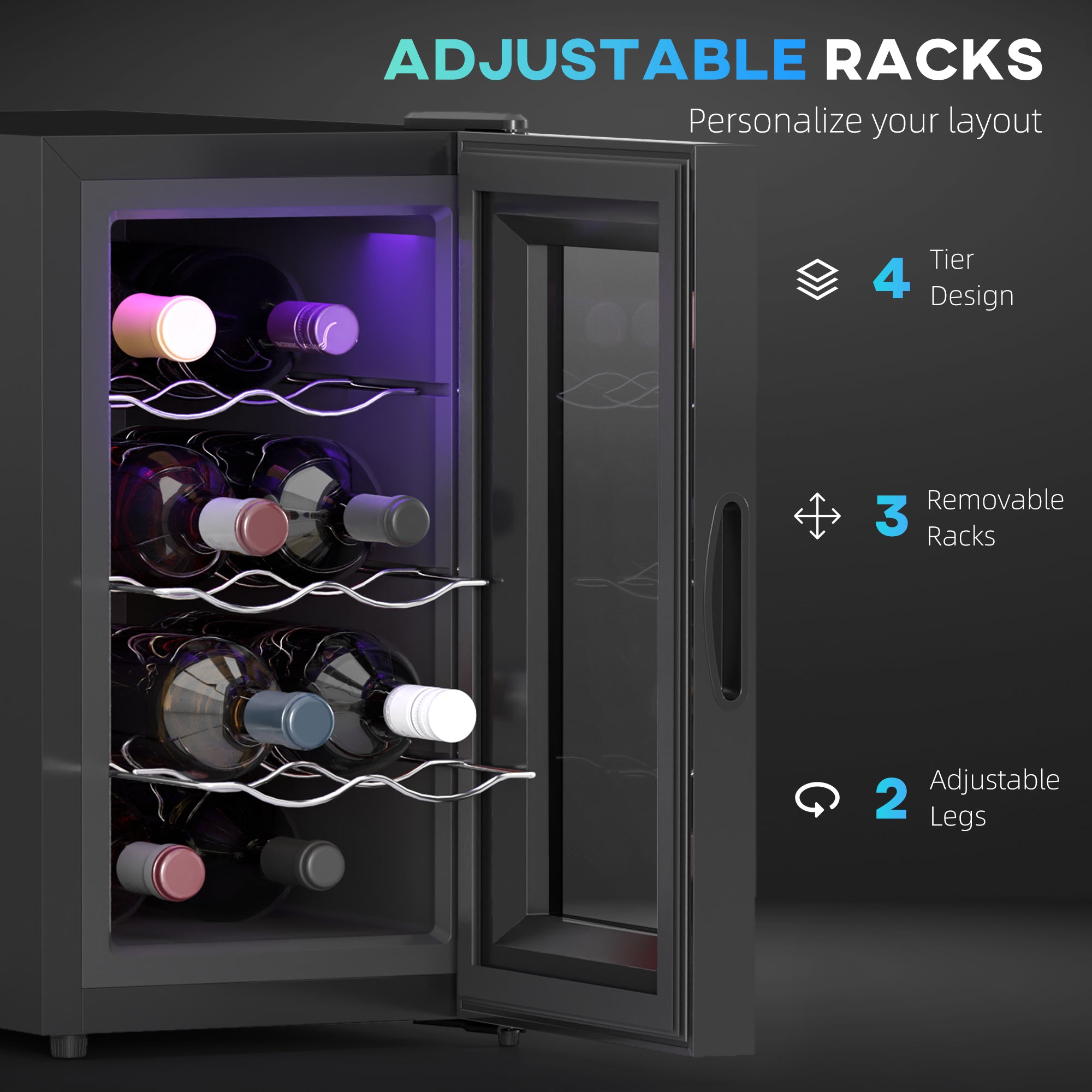 HOMCOM Mini Freestanding Wine Cooler Fridge, 8 Bottle, 21L, 26.5cm Quiet Thermoelectric Under Counter Drinks Beer Wine Fridge with Glass Door, LED Light, Digital Touch Screen, Temperature Control - North Peak Garden Furniture