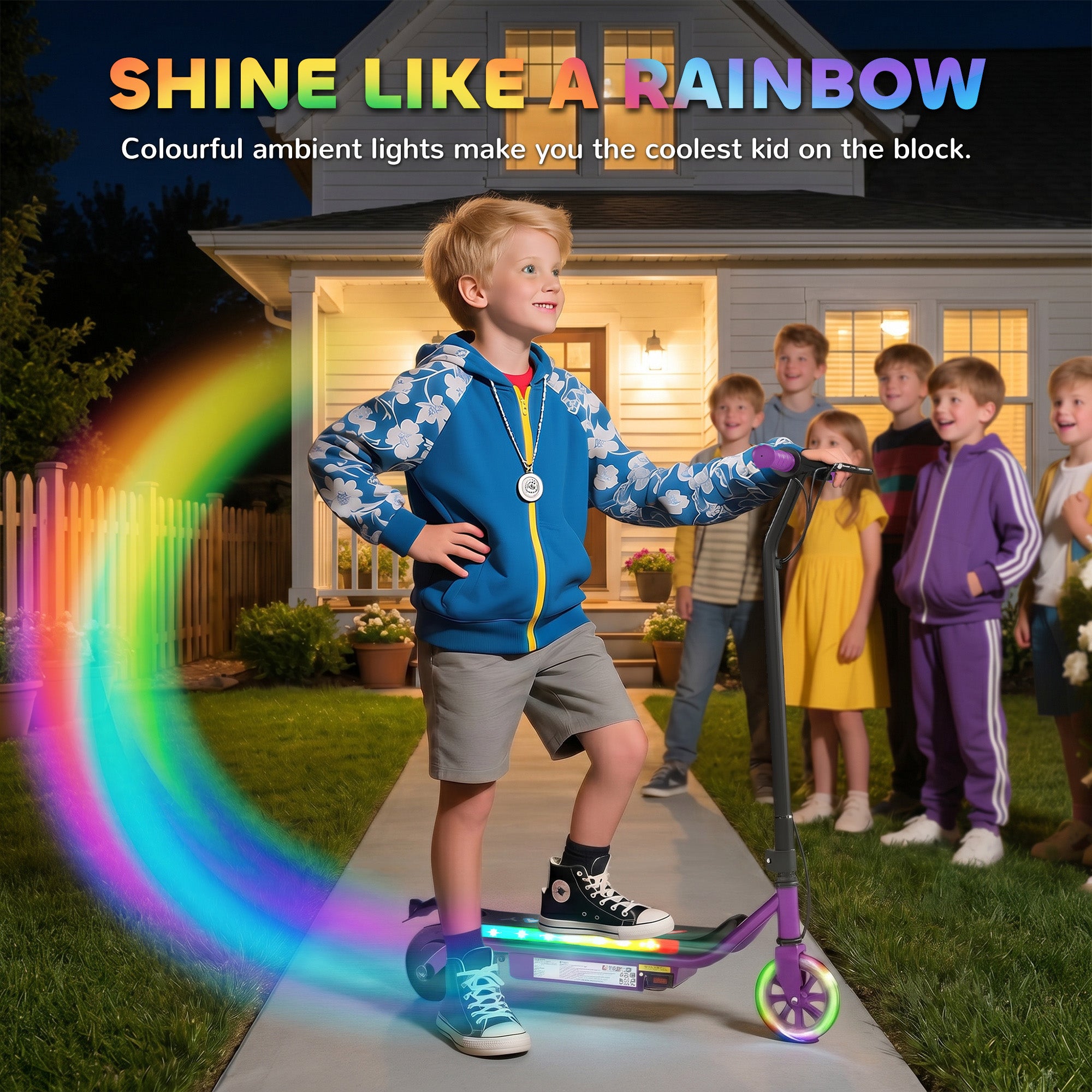 AIYAPLAY Electric Scooter for Kids Ages 6-14, with Dual Brakes, Flash Wheel and Colourful Light, Kids Electric Scooter E Scooter, Up to 12 KM/H & 10 KM, Purple